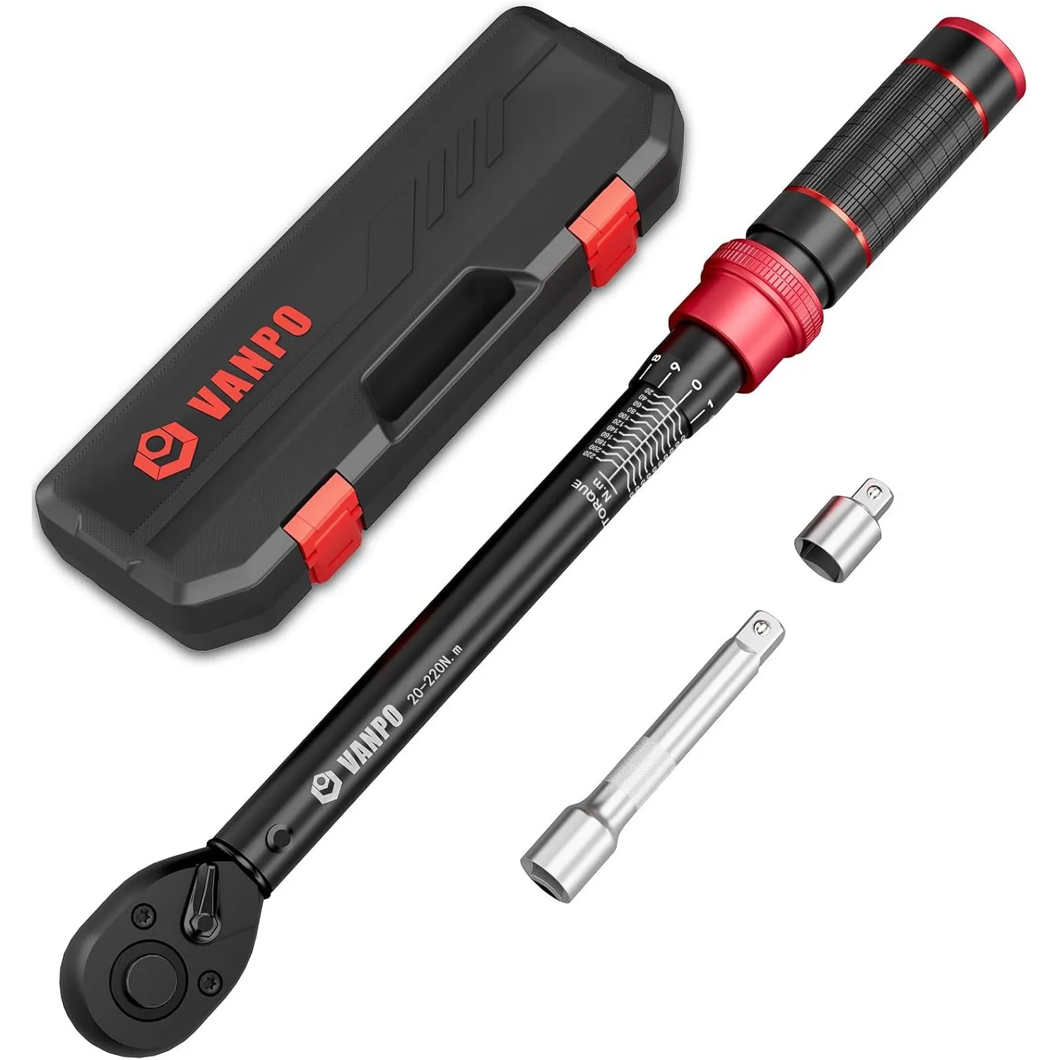 VANPO Drehmomentschlüssel 1/2, 20-220Nm Auto & Motorrad Set, ±3% Präzision | 72 Zähne Torque Wrench Set 3 Teilen mit 12…