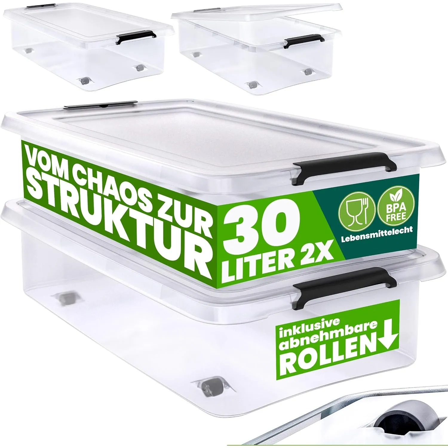 Deuba Aufbewahrungsboxen 2 X 30L mit Deckel und Rollen