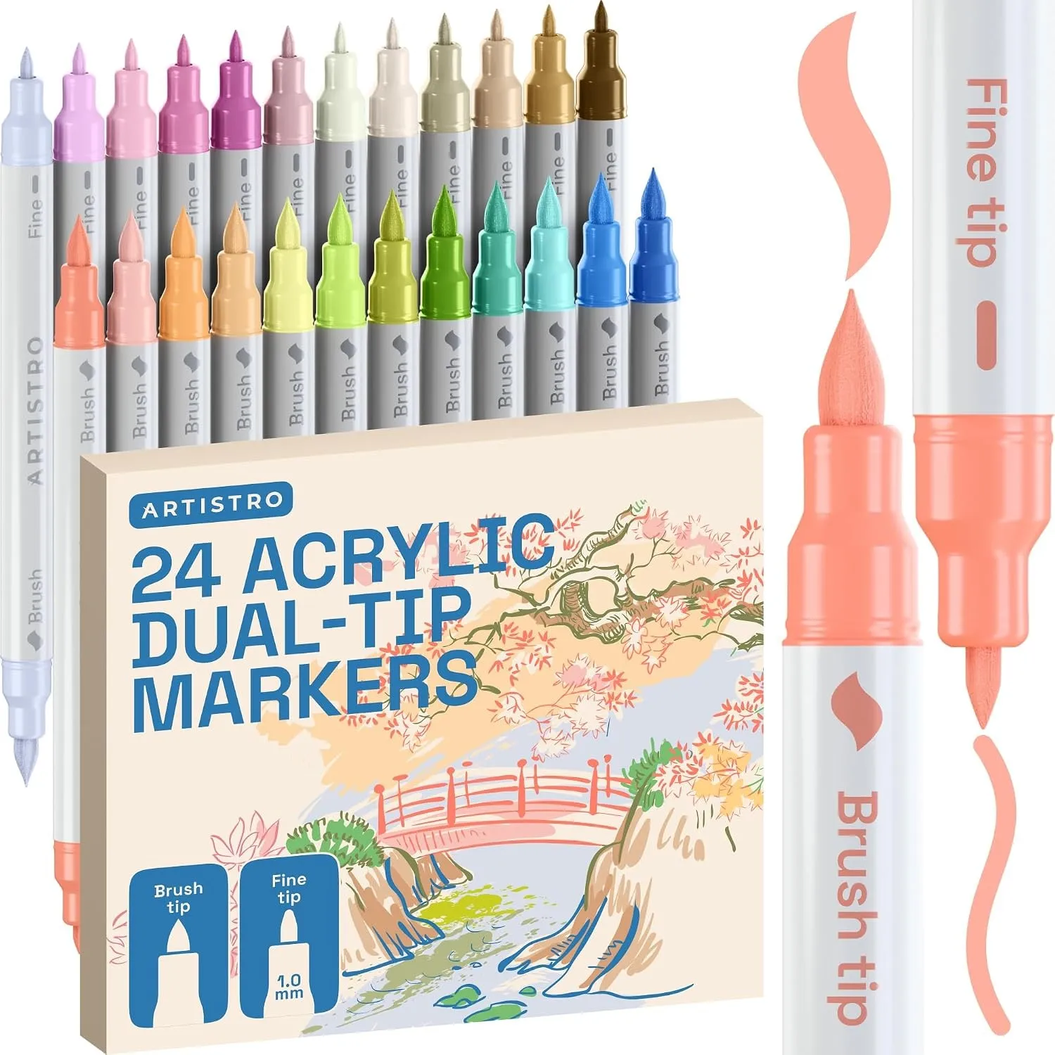 Artistro 24 Pastell-Acrylstifte Dual-Tip Brush+Fein für Stein, Stoff & Holz