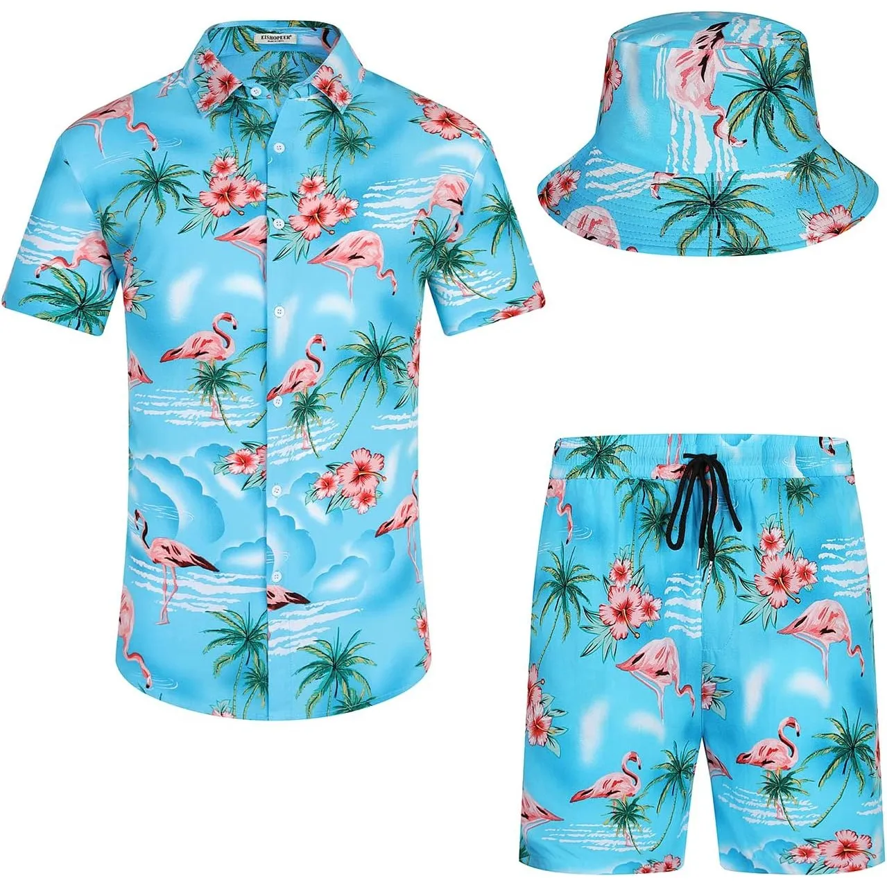 Hawaii-Hemd und Shorts für Herren 2-teilig, Lässig Button-Down-Shirts Sommer Strand Outfits mit Hüten