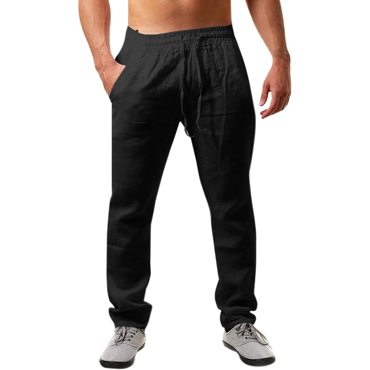 Runcati Herren Leinenhose Lang Sommerhose mit Kordelzug | Loose Fit, Baumwolle, Leinen, Freizeithose, Einfarbiges, Leic…