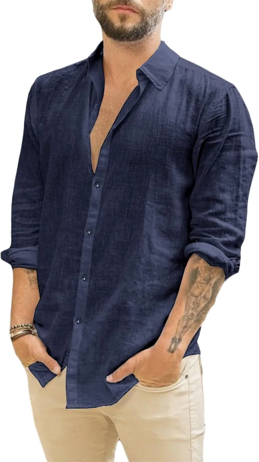 Runcati Men's Long Sleeve Linen Shirt Turn-Down Collar Shirt Business Casual Shirt Summer Shirt