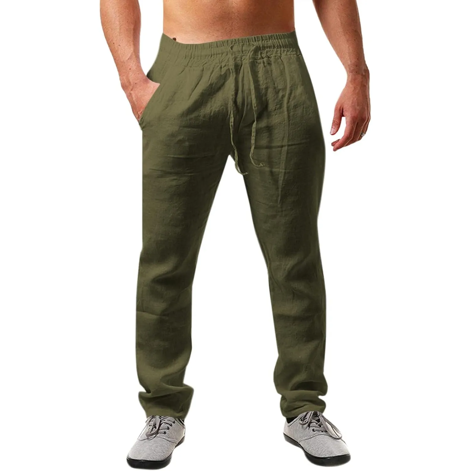 Runcati Herren Leinenhose Lang Sommerhose mit Kordelzug | Loose Fit, Baumwolle, Leinen, Freizeithose, Einfarbiges, Leic…
