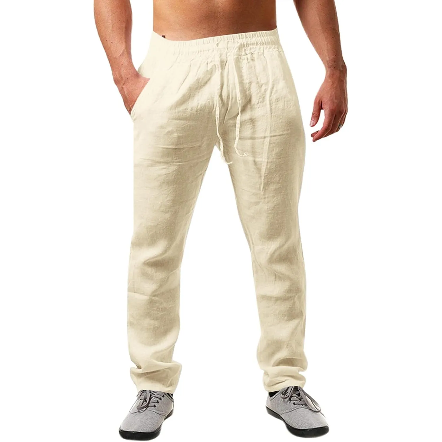Runcati Herren Leinenhose Lang Sommerhose mit Kordelzug | Loose Fit, Baumwolle, Leinen, Freizeithose, Einfarbiges, Leic…