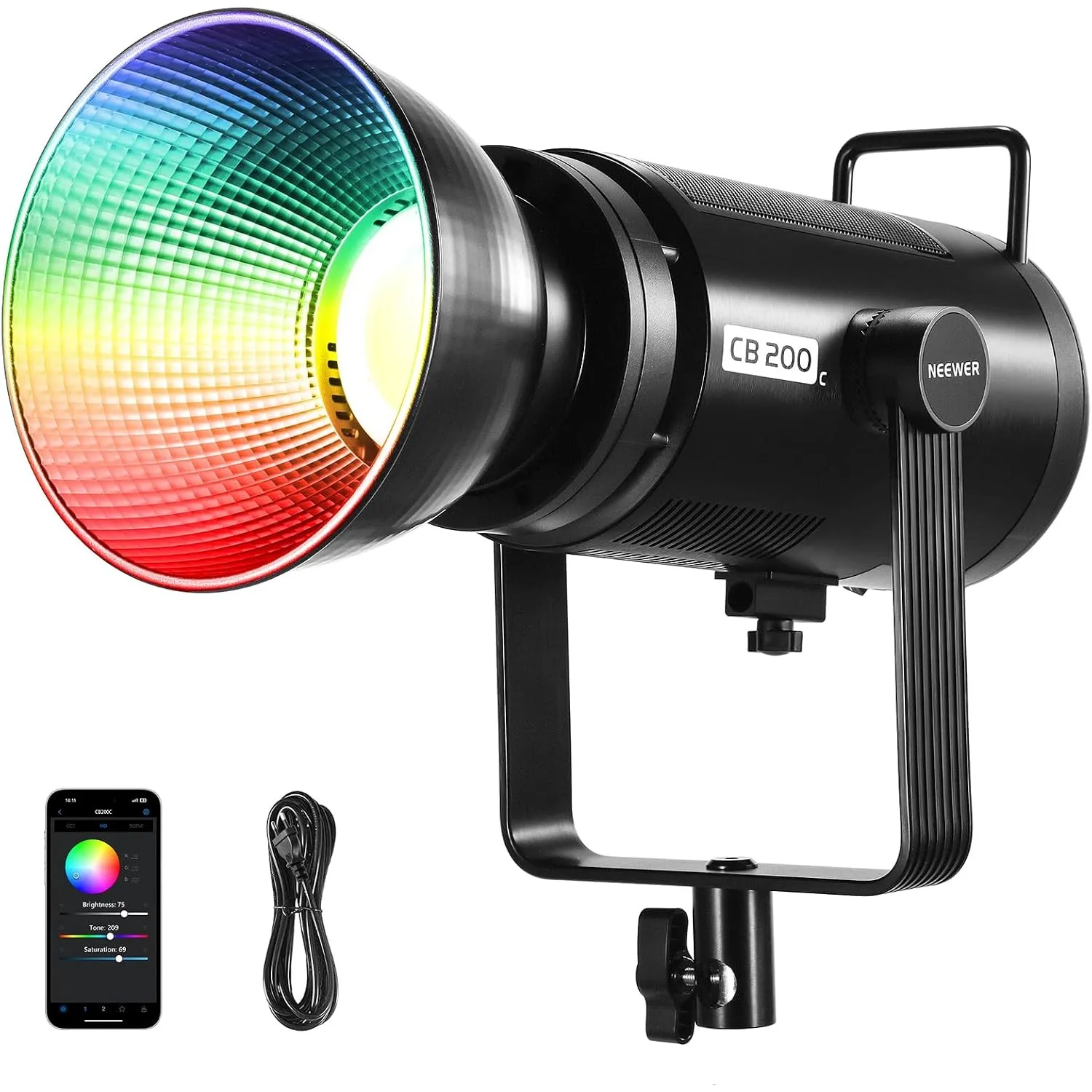 NEEWER CB200C 200W RGBWW COB LED Video Licht, APP/2.4G 360° Farbe 2500K-7500K (Duv±0.0003) 23000Lux/m Bowens Metallgehä…
