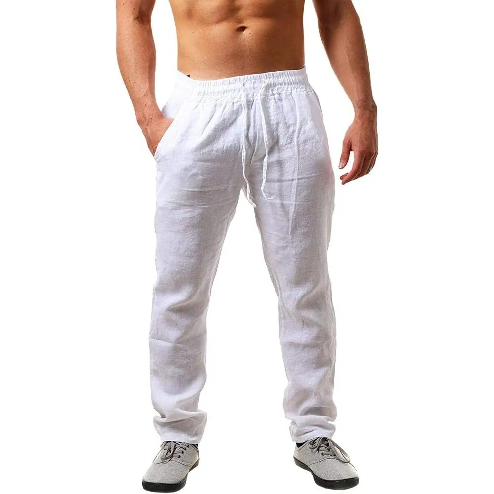 Runcati Herren Leinenhose Lang Sommerhose mit Kordelzug | Loose Fit, Baumwolle, Leinen, Freizeithose, Einfarbiges, Leic…