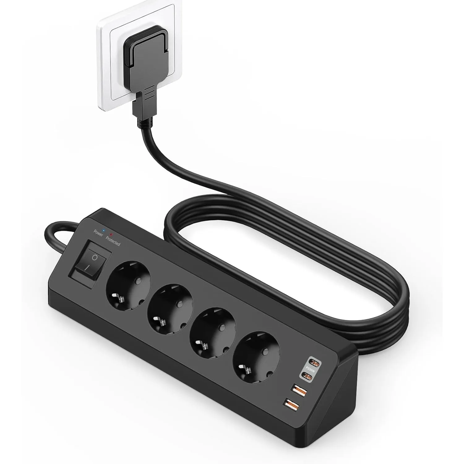 4 Fach Ecksteckdose Flachstecker mit USB C(PD 20W)