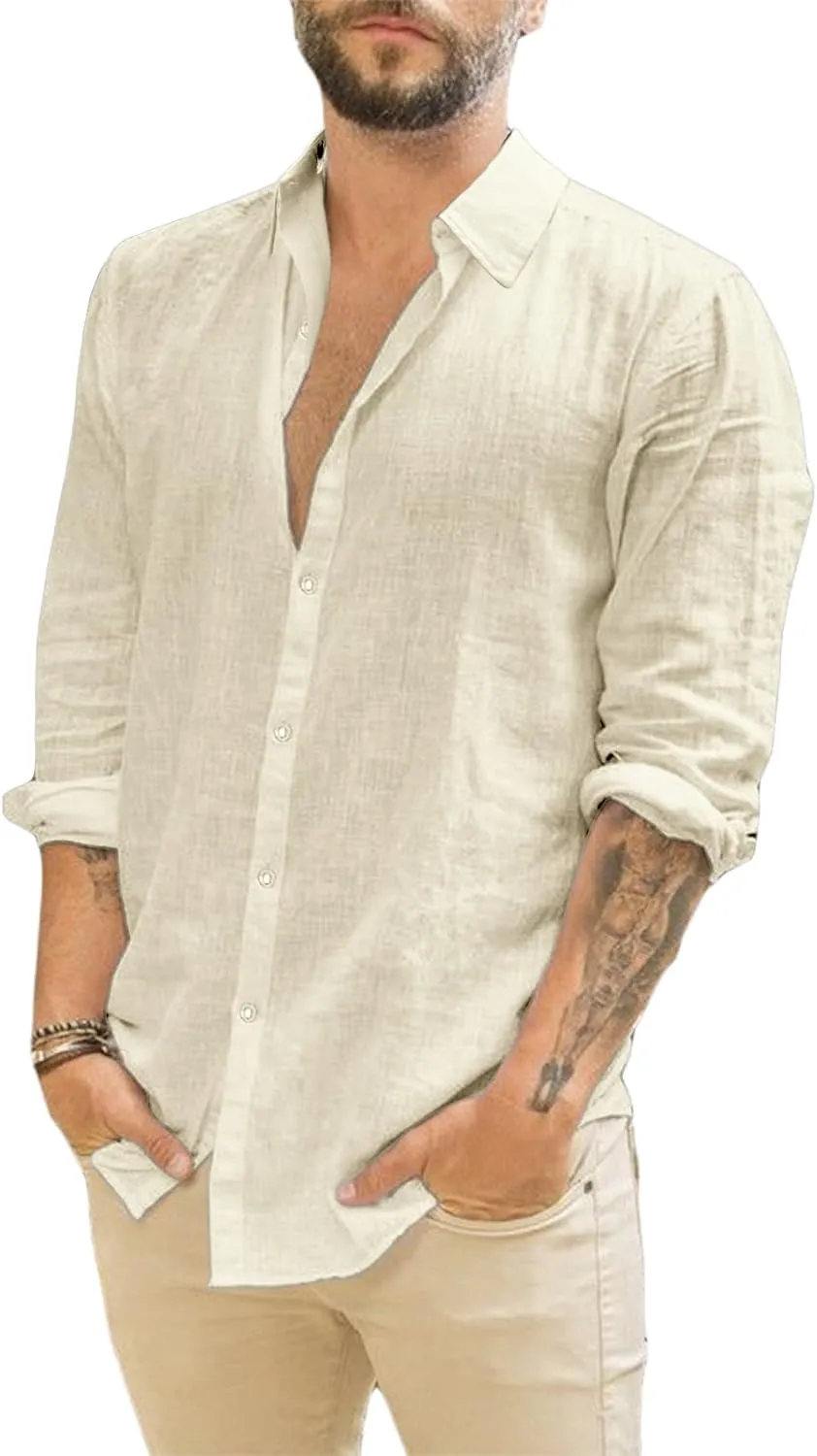 Runcati Men's Long Sleeve Linen Shirt Turn-Down Collar Shirt Business Casual Shirt Summer Shirt