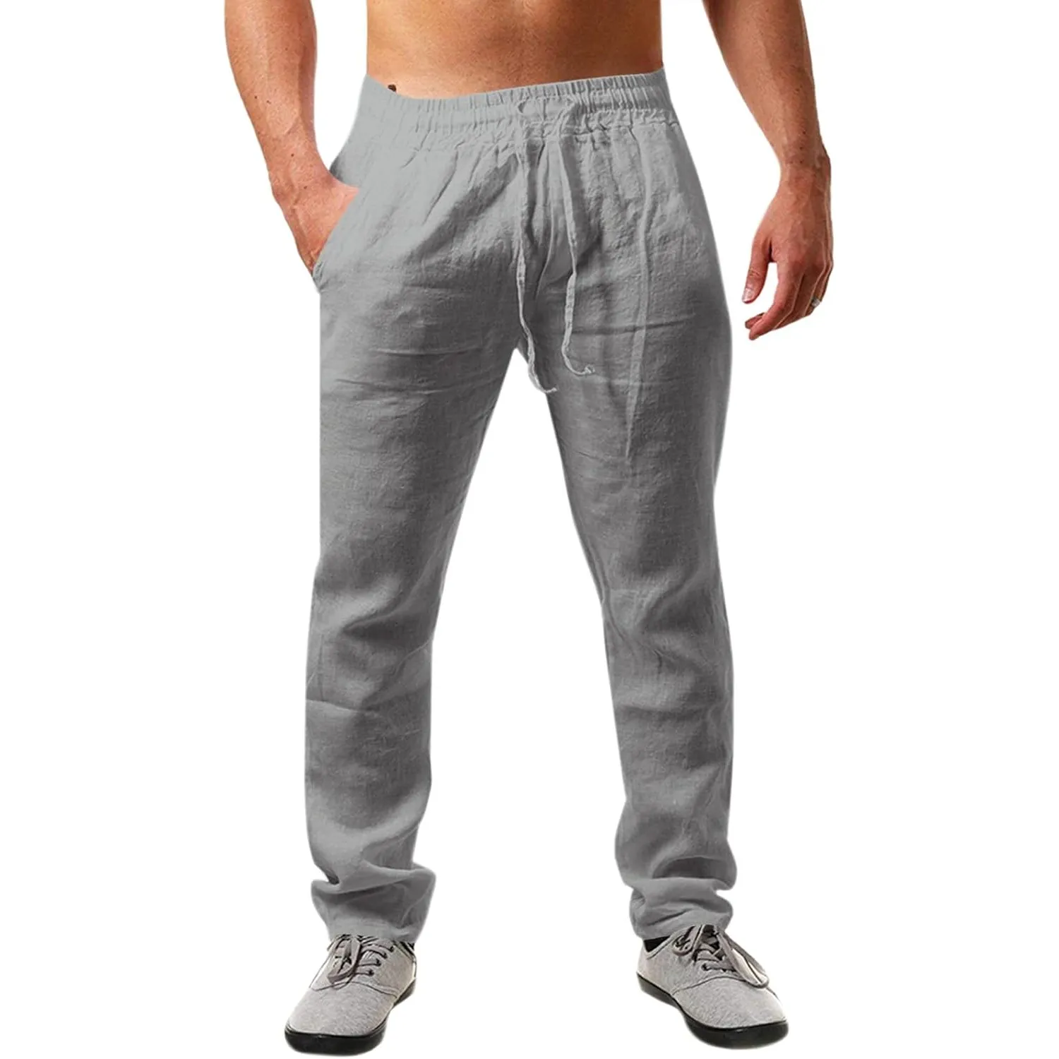 Runcati Herren Leinenhose Lang Sommerhose mit Kordelzug | Loose Fit, Baumwolle, Leinen, Freizeithose, Einfarbiges, Leic…
