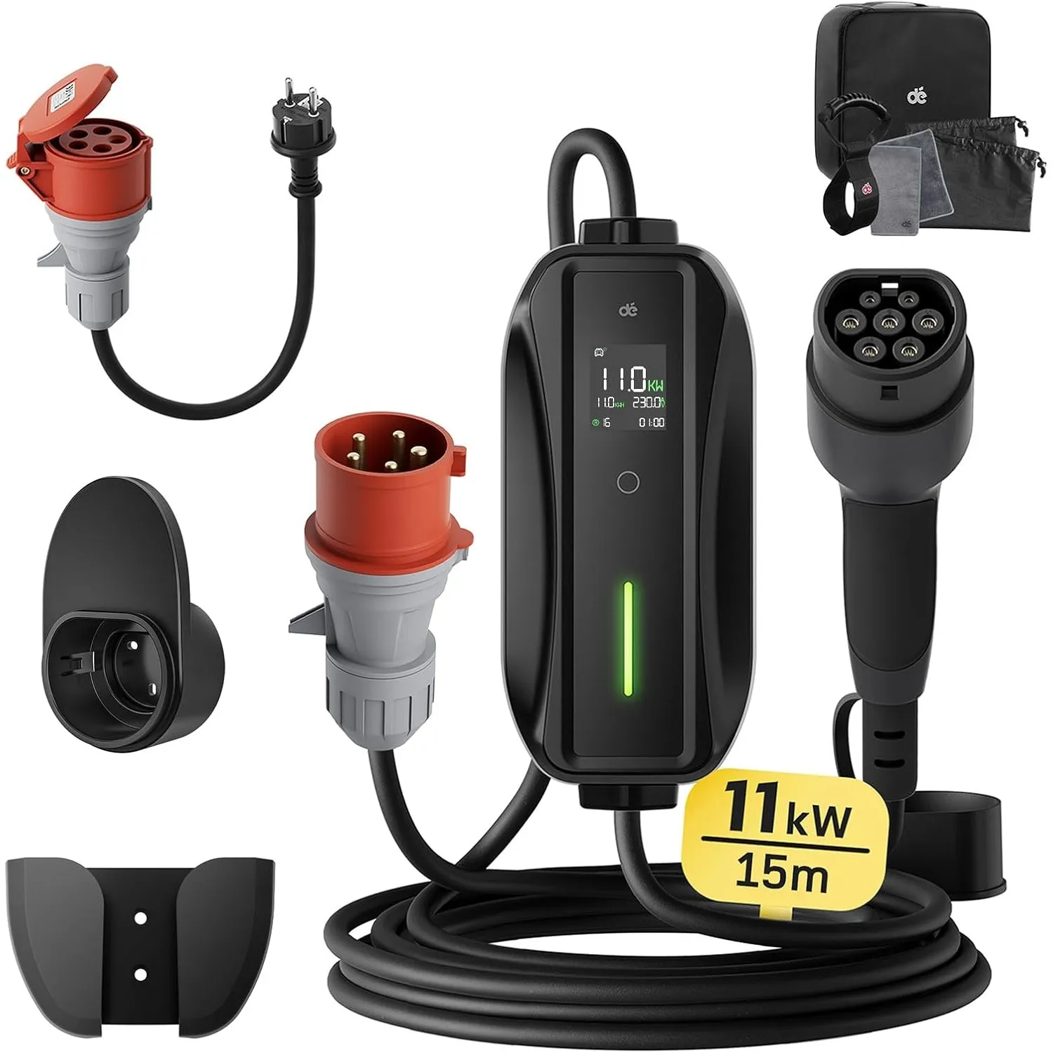 dé Mobile Wallbox 11kW [3-phasig,15m,6-16A] mit Einstellbarer Ladeleistung | Ladekabel für Auto CEE 16A 400V auf Typ 2 …