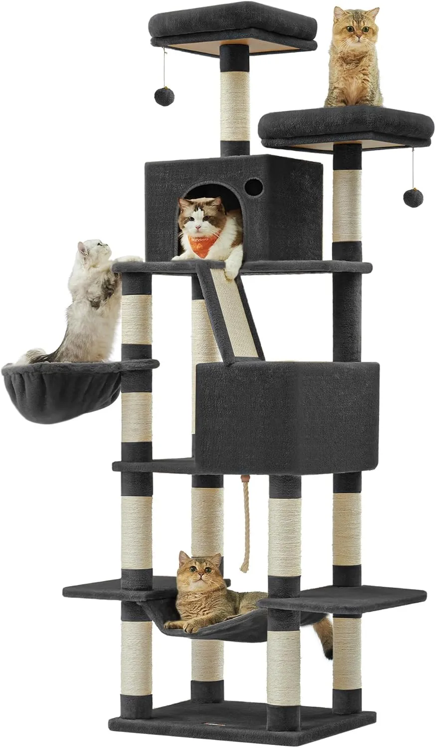 Feandrea Kratzbaum groß, 203,5 cm hoch, XXL Katzenbaum, mit 13 Kratzsäulen, 2 Plattformen, 2 Höhlen, Korb, Hängematte, …