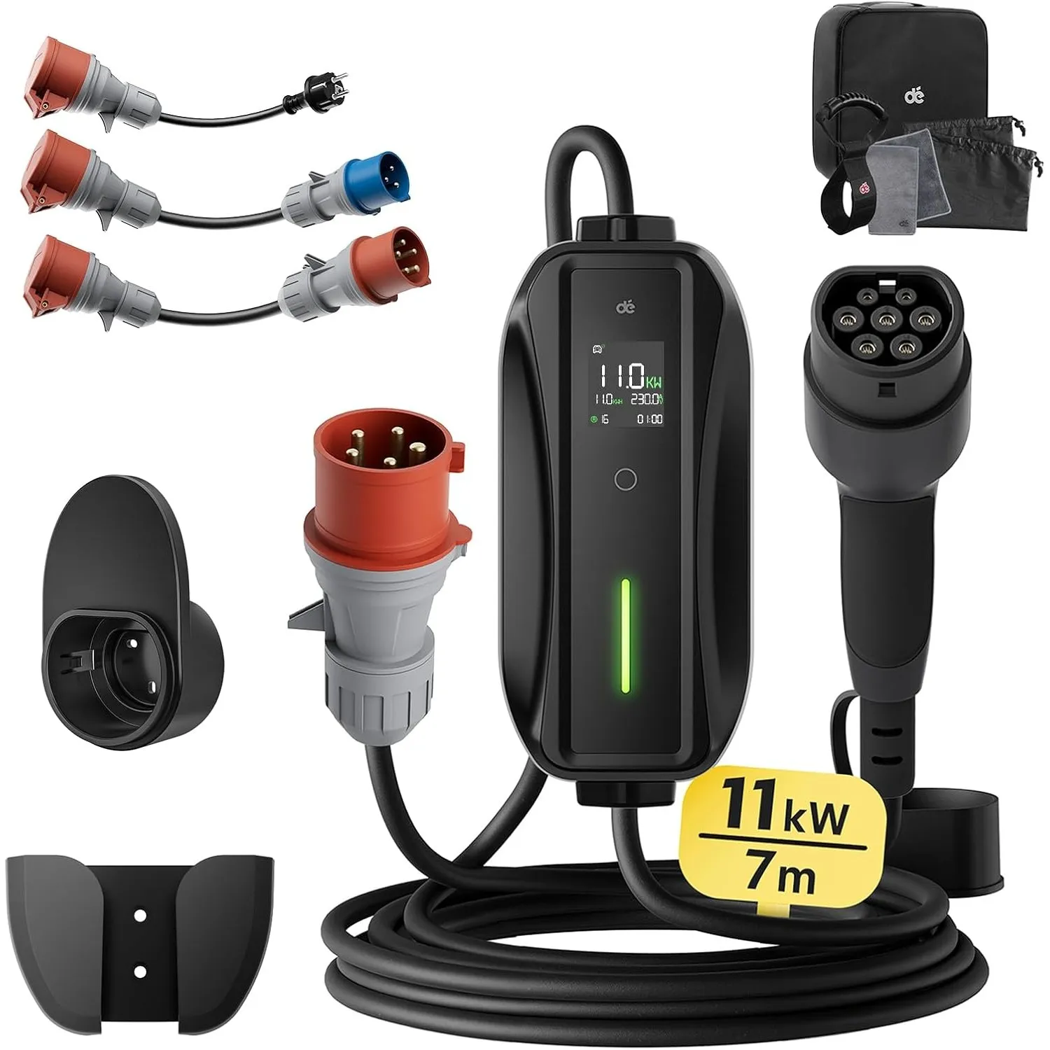 dé Mobile Wallbox 11kW [3-phasig,7m,6-16A] Reise Adapter Set | Ladekabel für Auto CEE 16A 400V auf Typ 2 Ladekabel, RCD…