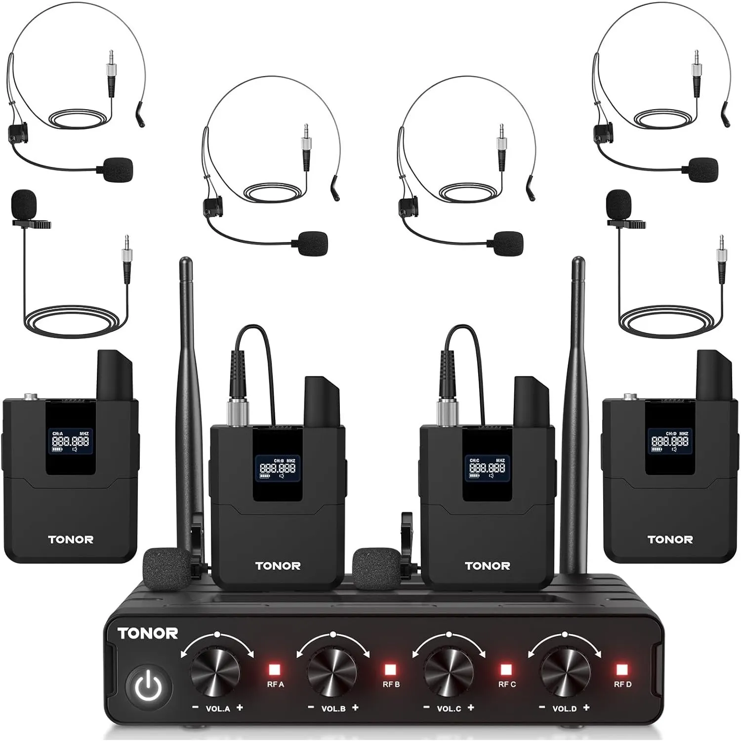 TONOR UHF Mikrofon Kabellos Set mit 4 Bodypack Transmitter/Headset/Lavalier Wireless Microphone, 4x5 Frequenzen 60 m Re…