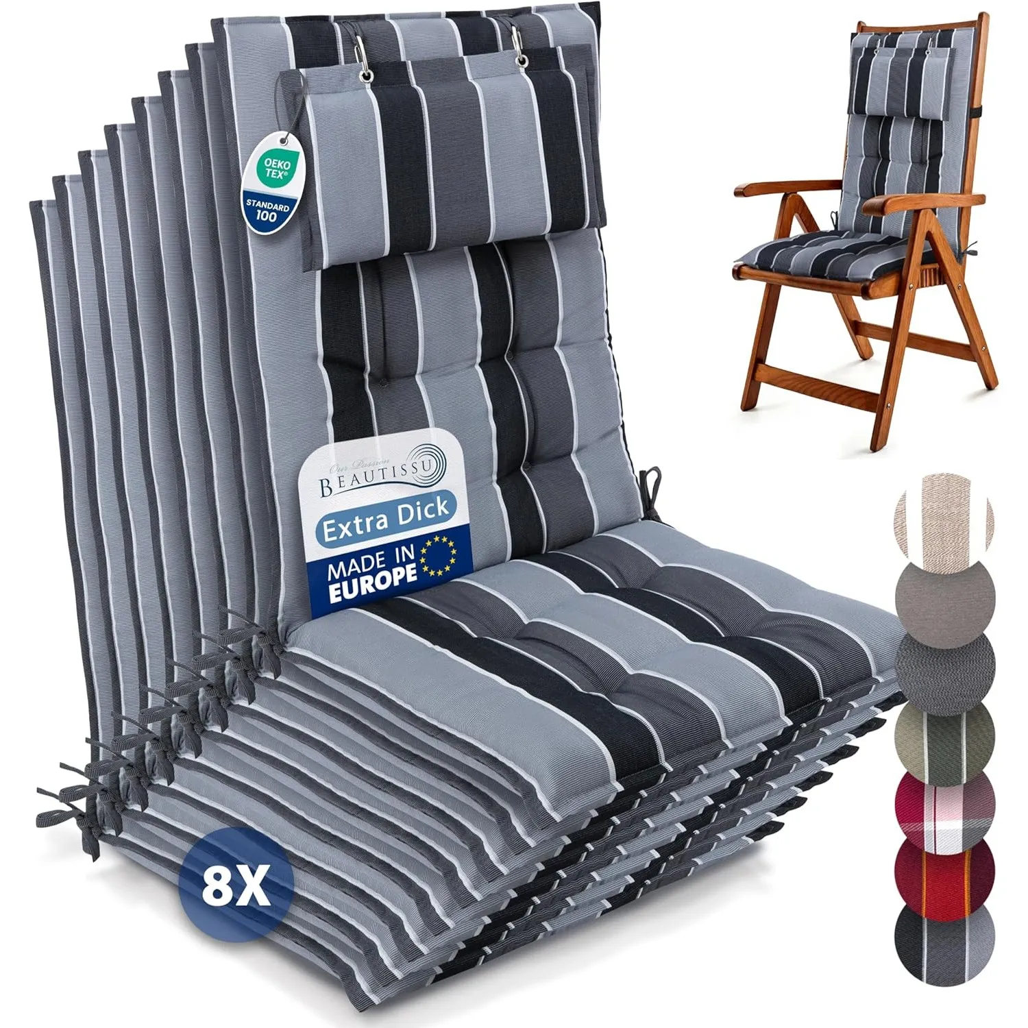 Beautissu 8er Set Premium Hochlehner Auflage Kopfpolster 120x50cm Sun-HL – 8cm Dick Polster Gartenstuhlauflage rutschfe…