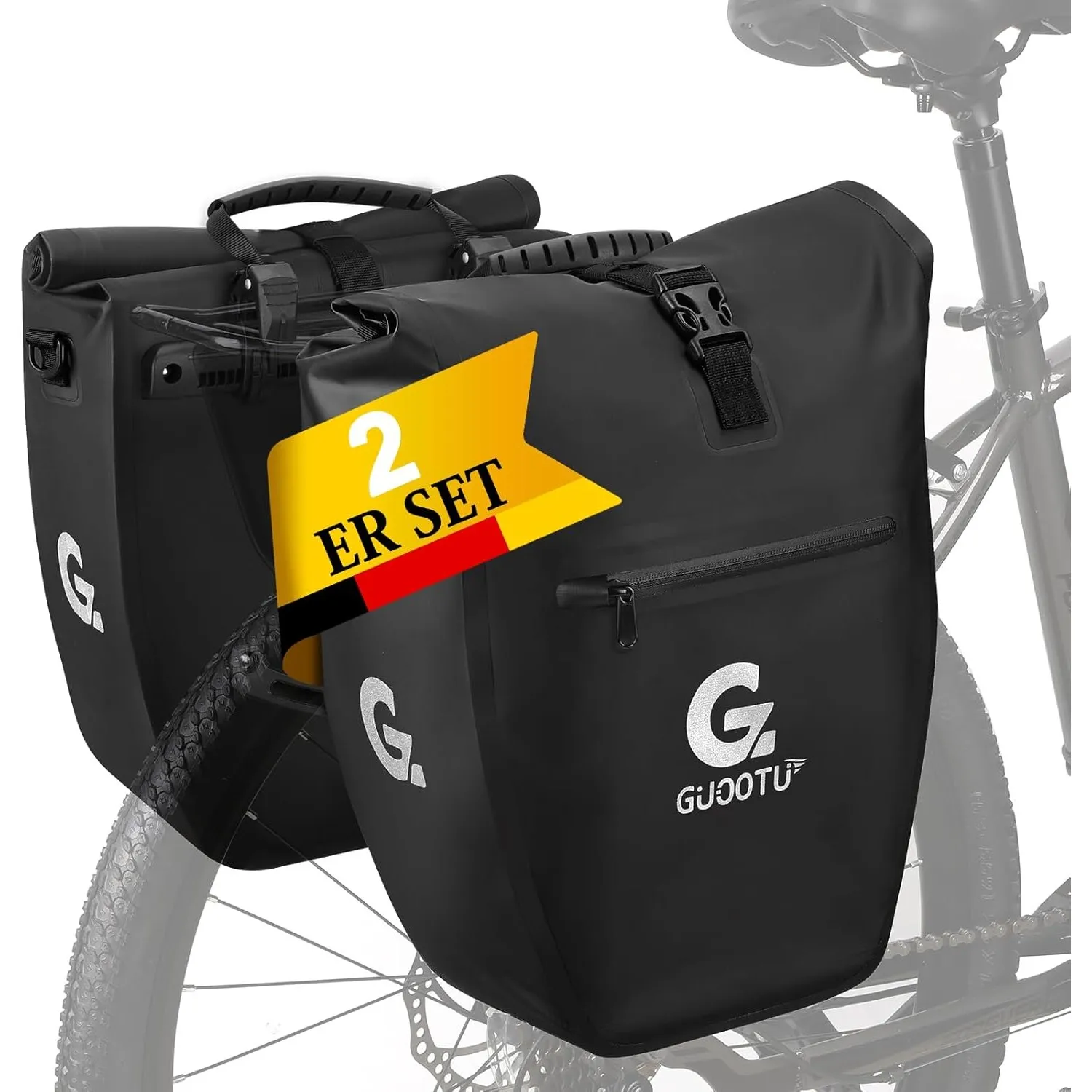 GUOOTU 2 Er Set Fahrradtasche Gepäckträger 48L,aus Tarpaulin Hinten Gepäckträgertasche mit Reflektoren, mit Tragegriff …