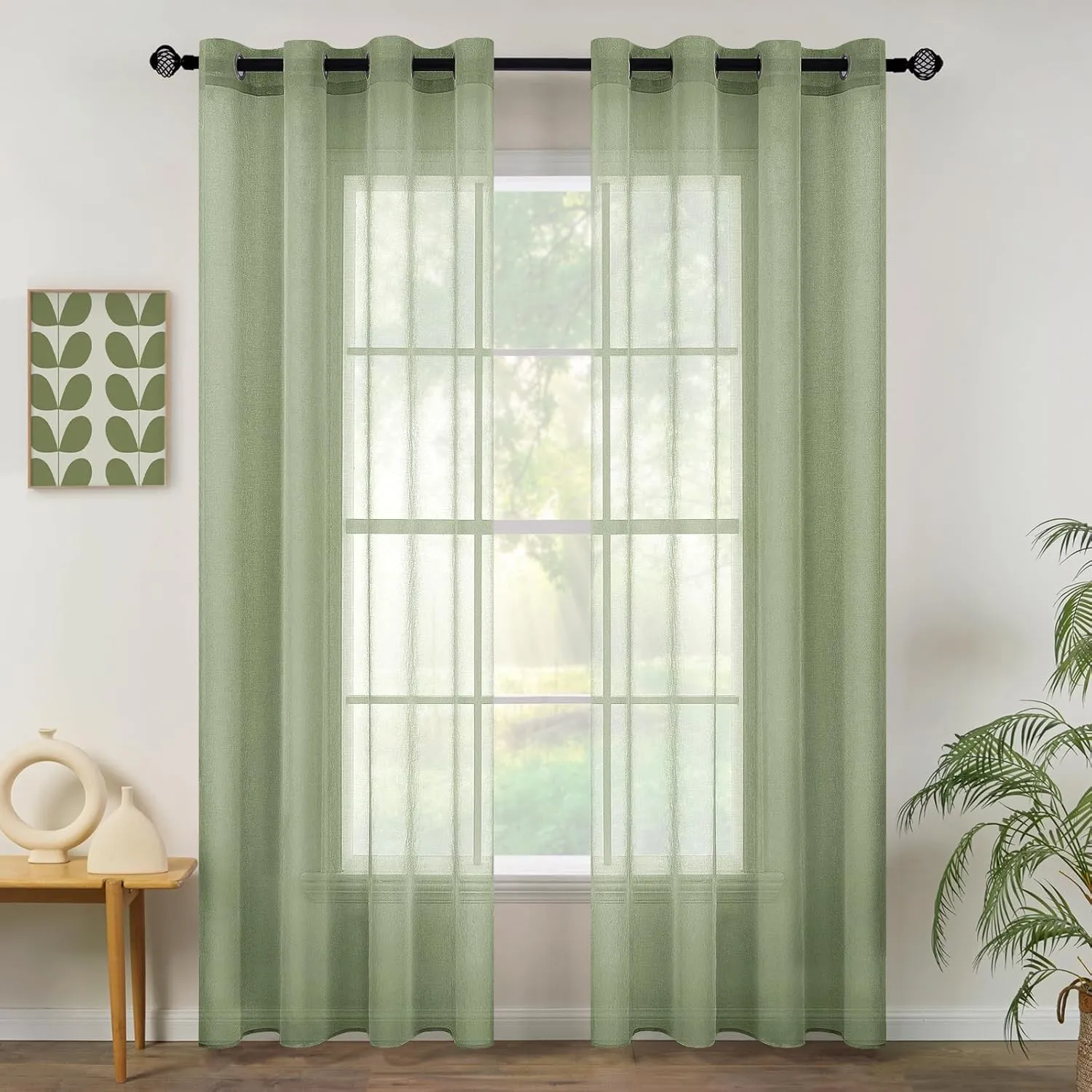 MIULEE Voile Vorhang mit Ösen transparent 140x245 cm 2er Set Salbeigrün