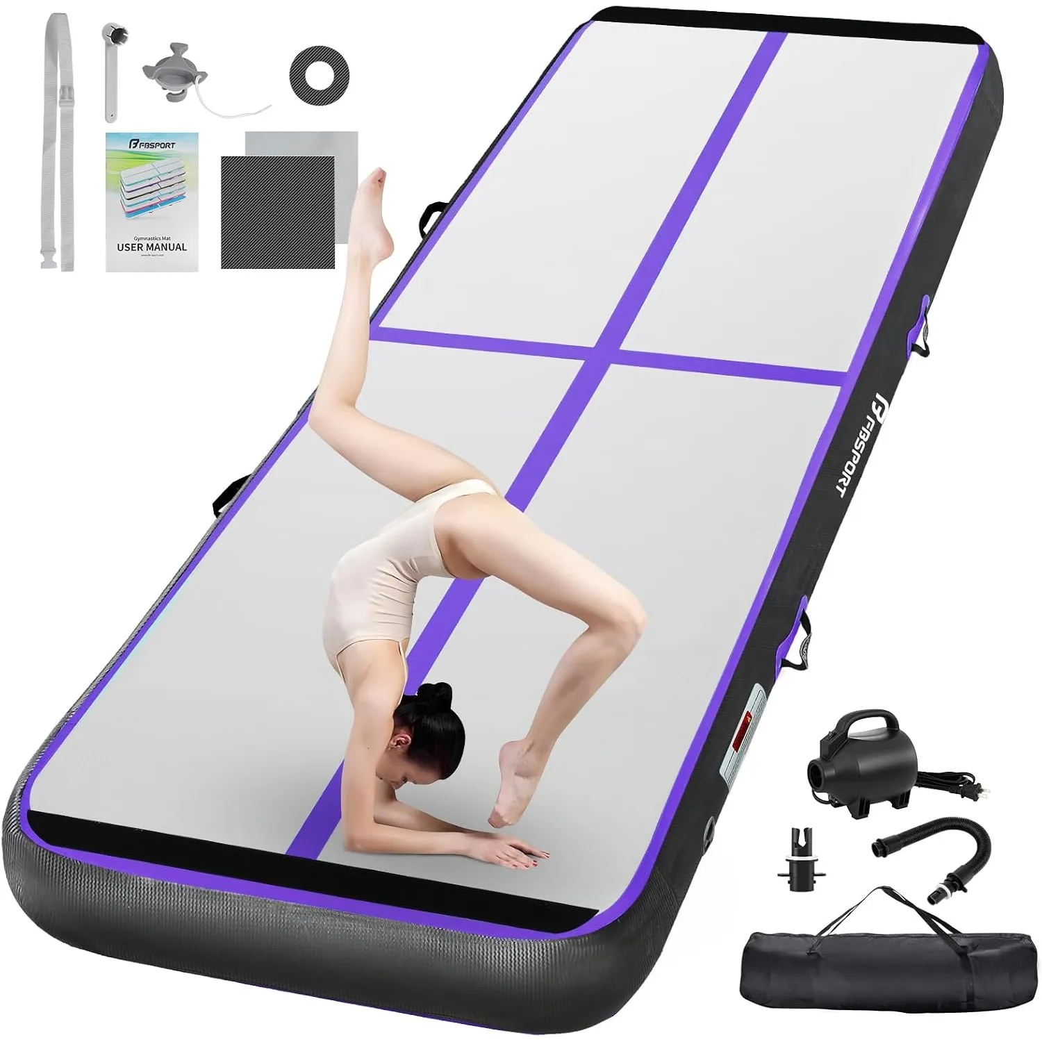 FBSPORT Airtrack Matte,10/20cm Hoch Verdicken 2/3/4/5/6 M Tumbling Matte,Gymnastikmatte mit Luftpumpe,Trainingsmatte mi…