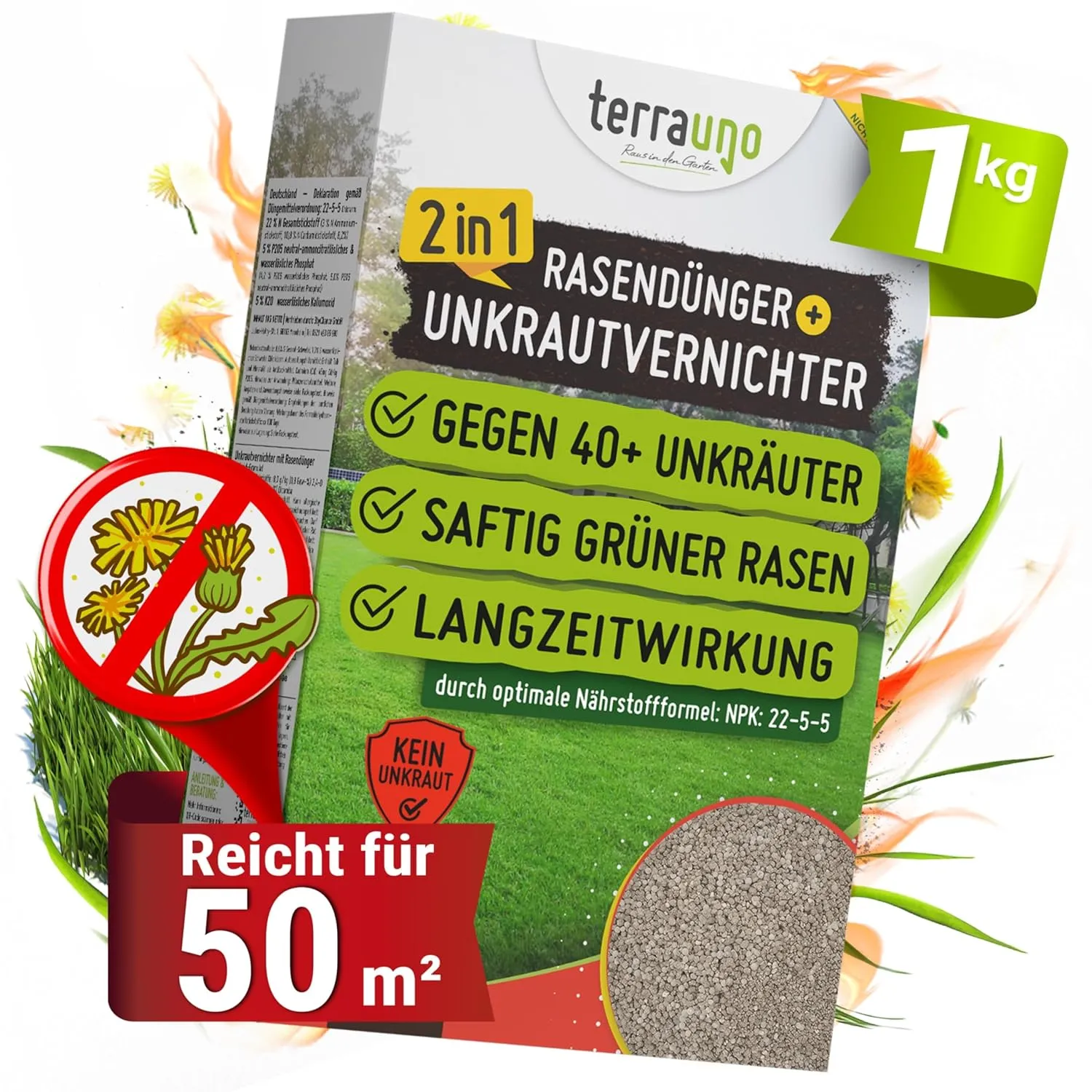 TerraUno Lawn Fertiliser with Weed Killer, Extra Strong, 100 Days Long-Term Effect, 1 kg for 50 m², Against Dandelions,…
