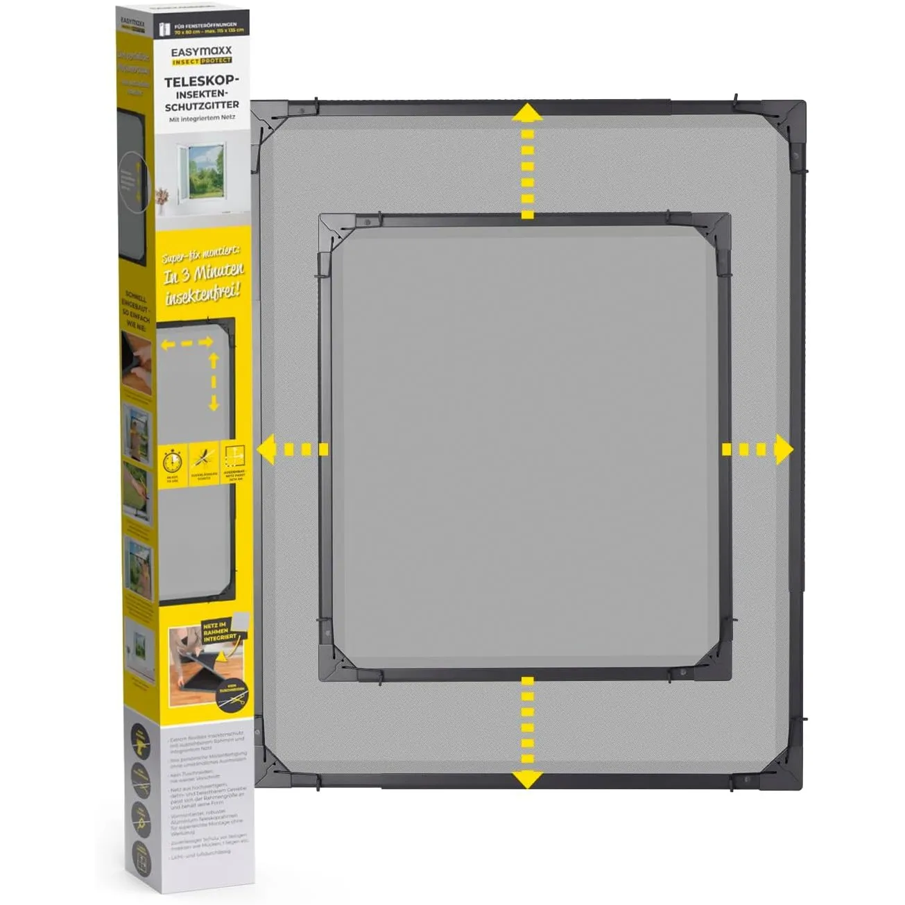 EASYmaxx Insect Protect | Teleskop-Insektenschutzgitter | Fliegengitter Fenster | mit vormontierten Rahmen | ausziehbar…