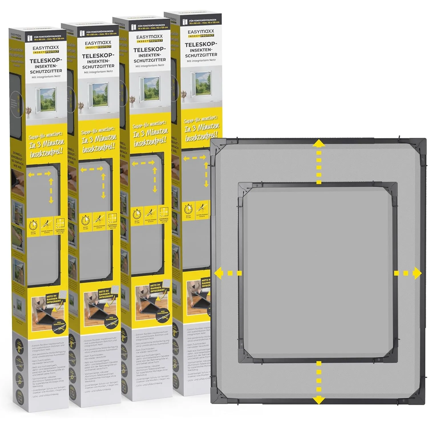 EASYmaxx Insect Protect | Teleskop-Insektenschutzgitter | Fliegengitter Fenster | mit vormontierten Rahmen | ausziehbar…