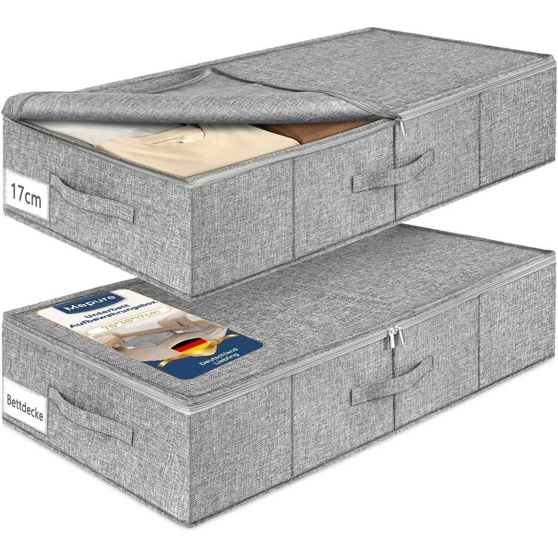17cm Hohe Unterbett Aufbewahrungsbox, 76×40×17cm-50L，2 Stück, grau