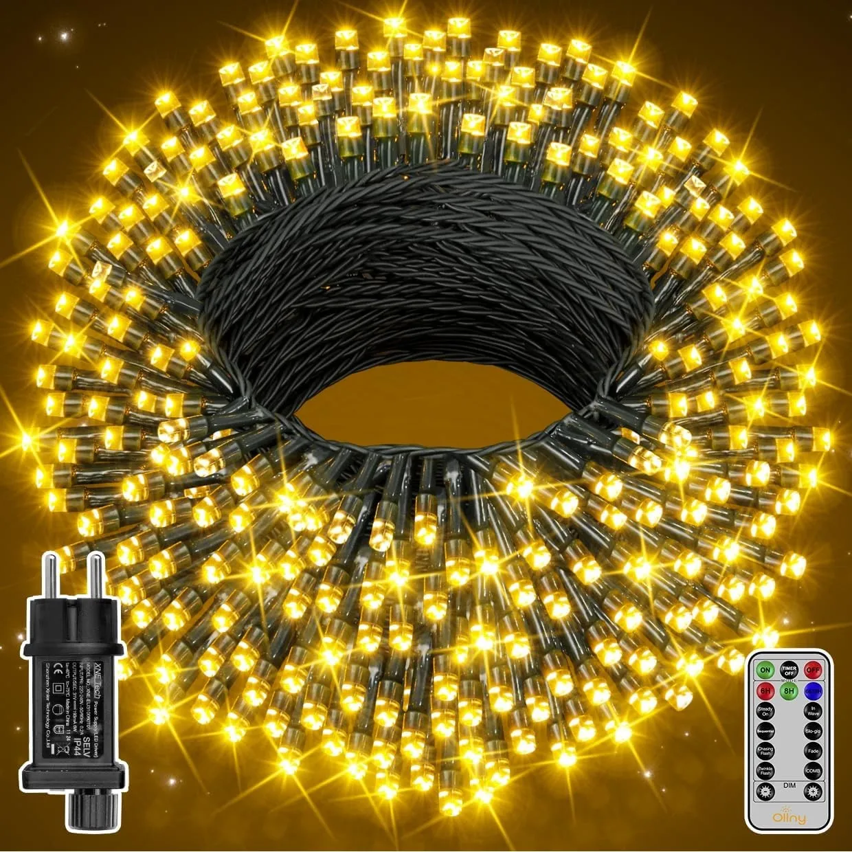 Ollny Lichterkette Außen 20M 200 LED Warmweiß mit Fernbedienung & Timer
