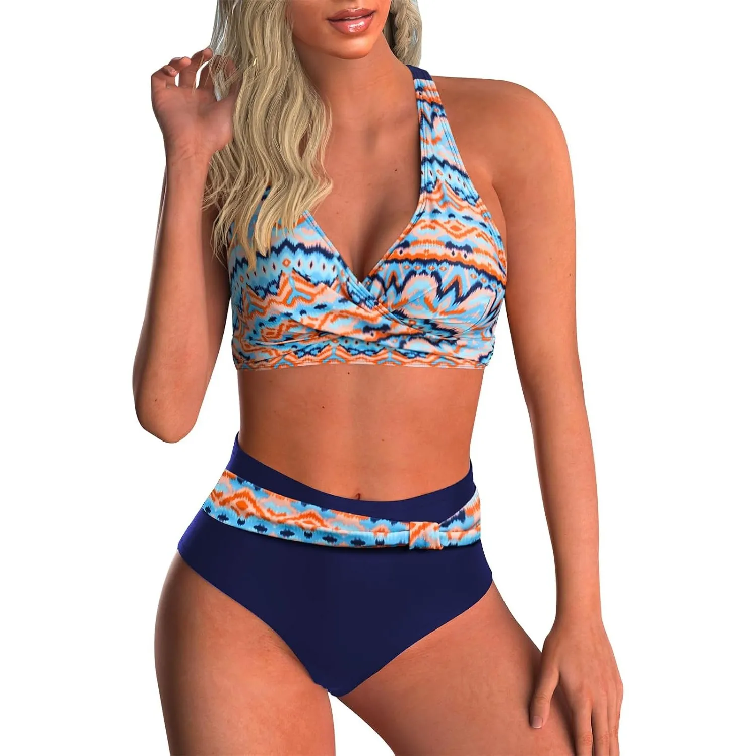 Adigaber Damen Zweiteiliger Badeanzug V Ausschnitt überkreuztes Blumenmuster Bikini Bademode Bauchkontrolle Bikini Sets