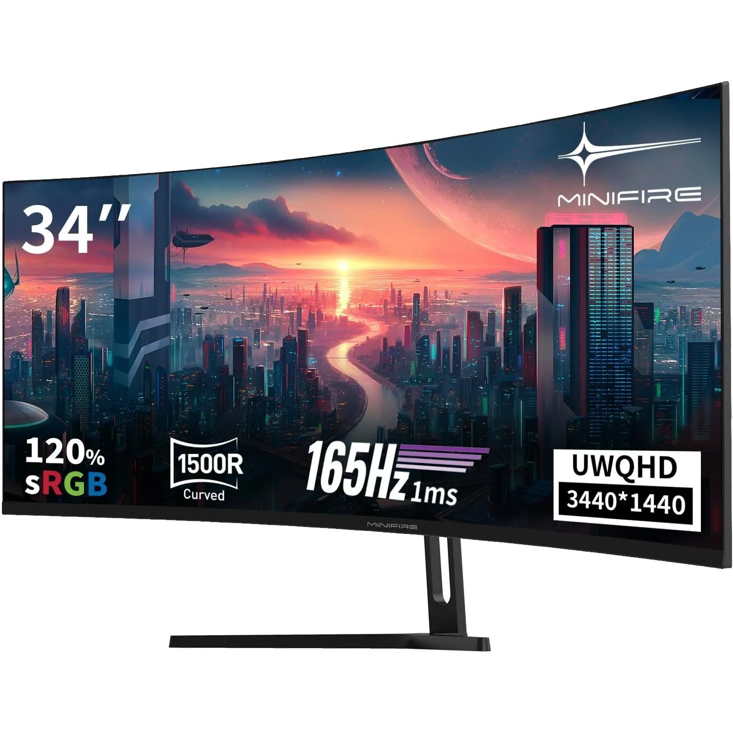 Minifire 34 Zoll UWQHD Curved Gaming Monitor 165Hz(DP),3440 x 1440, Curved 1500R,1ms(MPRT),Pip/PBP,FreeSync,HDR, 300nit…