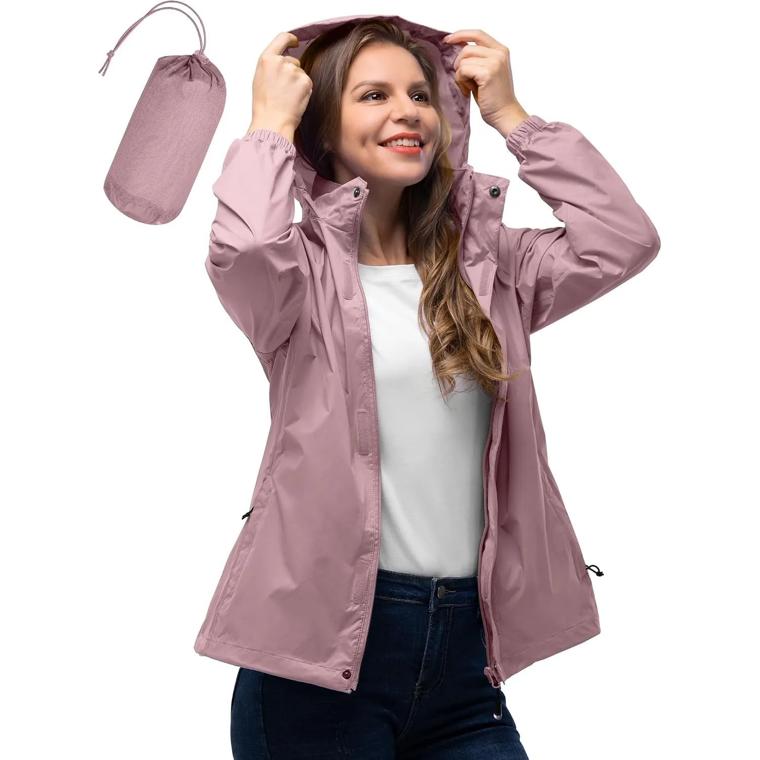 33,000ft Damen Wasserdichte Faltbar Regenjacke mit Kapuze, Leicht Atmungsaktive Windbreaker Jacke, Fahrradjacke für Fra…