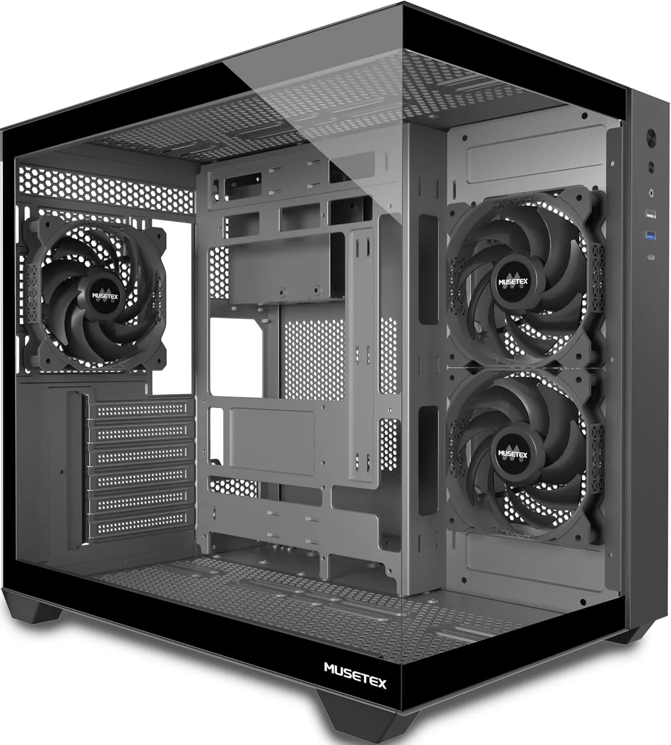 MUSETEX PC Gehäuse ATX, 3 Non-LED Lüfter vorinstalliert Gaming PC Gehäuse, 270° Full-View Tempered Glass PC Case mit Ty…