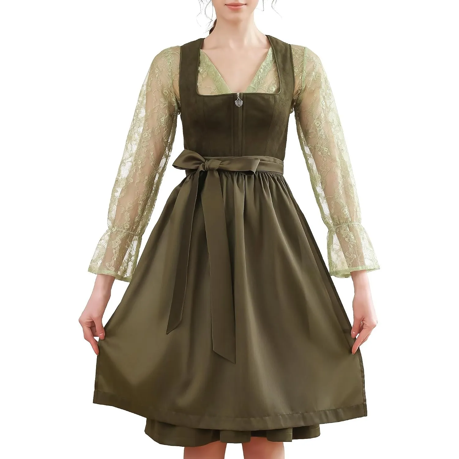 Dirndl Damen midi Lang Dirndl Trachtenkleid Trachtenrock Dirndl-Komplettsets Trachtenmode Trachten Damen mit 3 Teilig D…