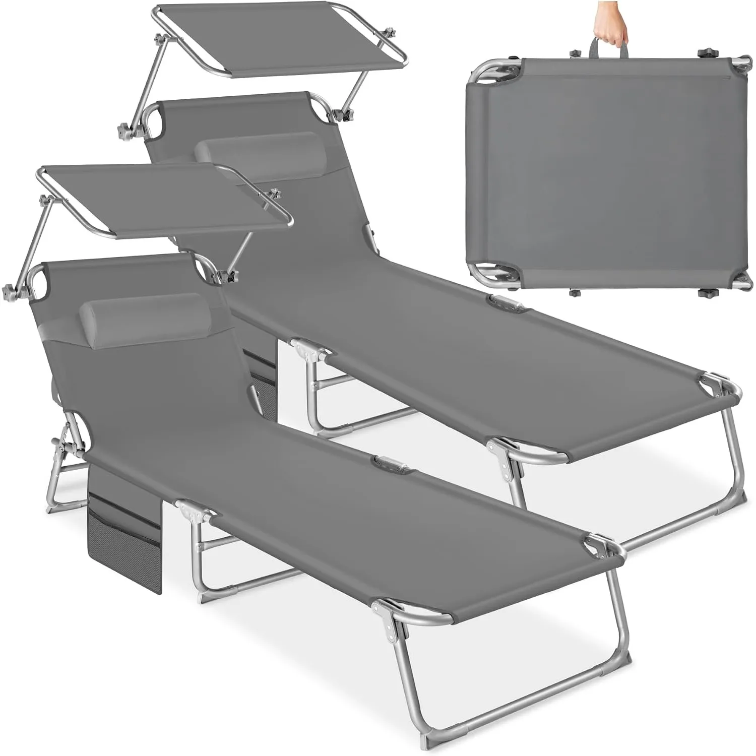 tectake® 2er Set Sonnenliege klappbar und tragbar, Liege mit Seitentasche, Strandliege, Gartenliege mit Dach, Liegestuh…