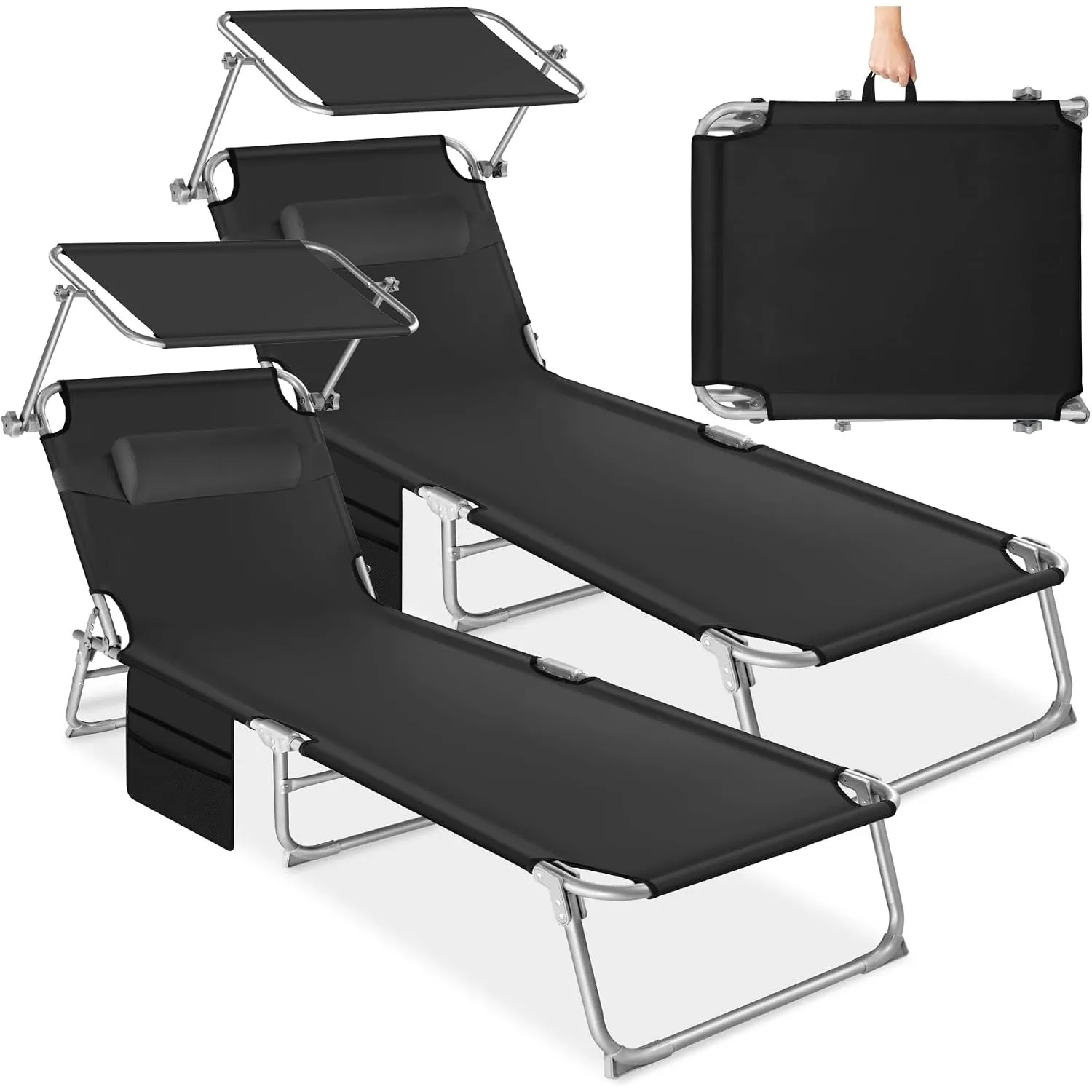 tectake® 2er Set Sonnenliege klappbar und tragbar, Liege mit Seitentasche, Strandliege, Gartenliege mit Dach, Liegestuh…