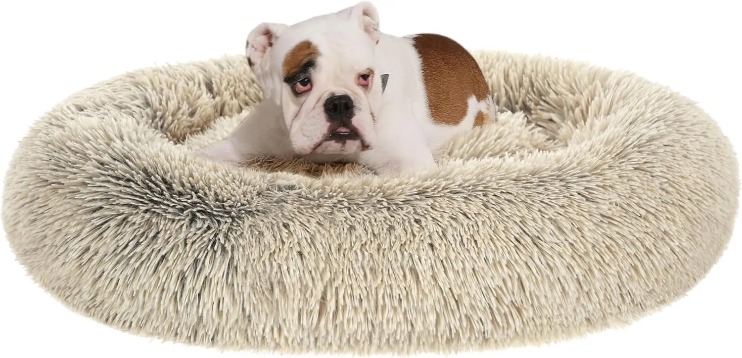 Feandrea Fluffy Dog Bed, Cat Bed, Doughnut Cushion, Washable, Removable Padding in the Centre, Long Plush, 90 cm Diamet…