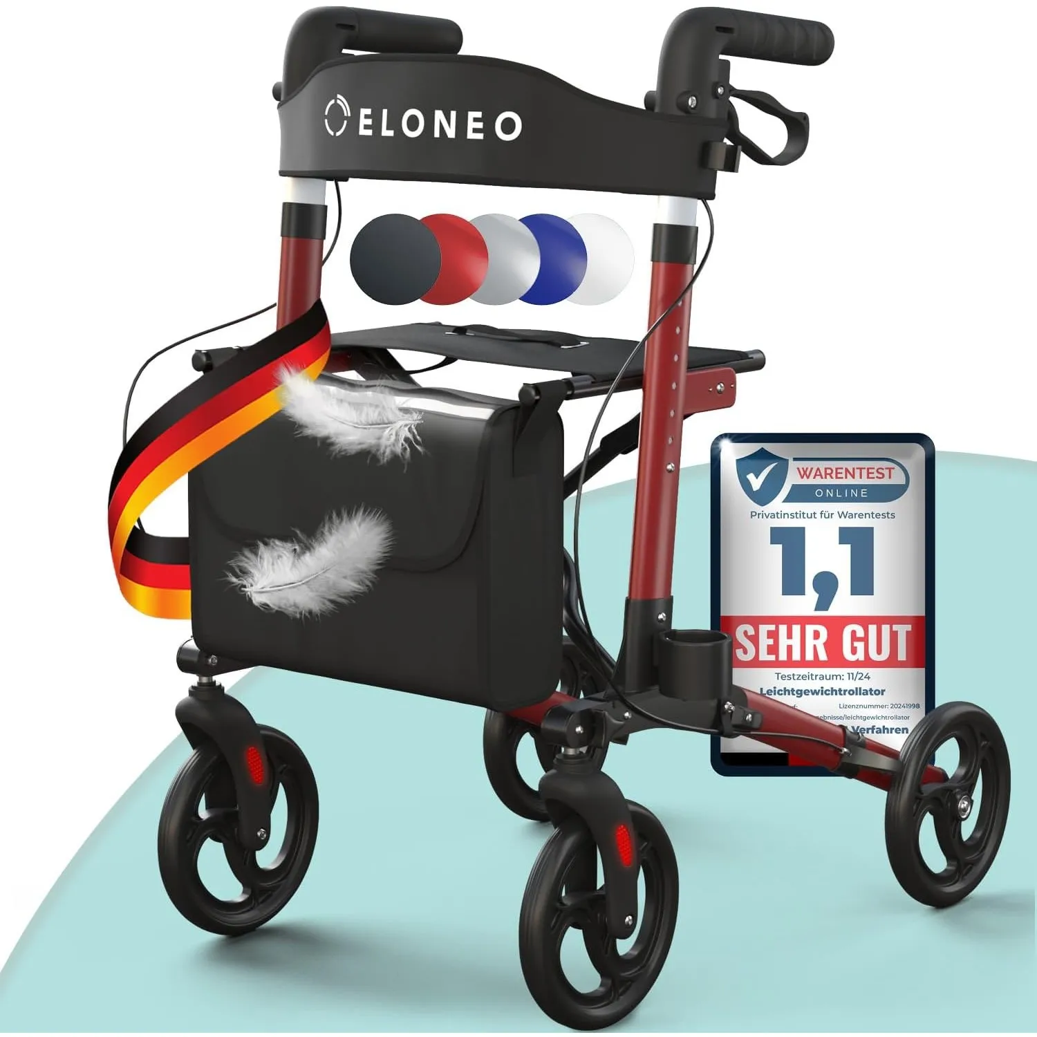 ELONEO Rollator faltbar und leicht mit Sitz, Leichtgewicht-Reiserollator aus Aluminium, Gehhilfe 8-fach höhenverstellba…