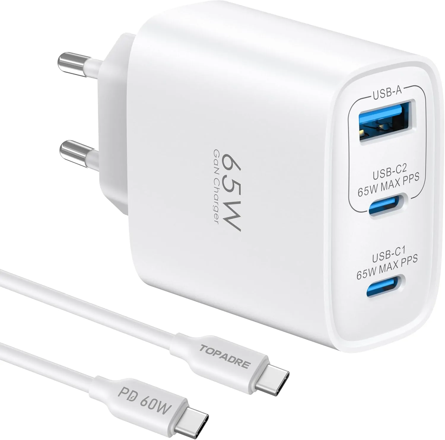 USB C Charger 65W, 3-Port USB C Power Supply with 60W Cable 1M, PPS and PD Fast Charger for MacBook Pro/Air, for iPad P…