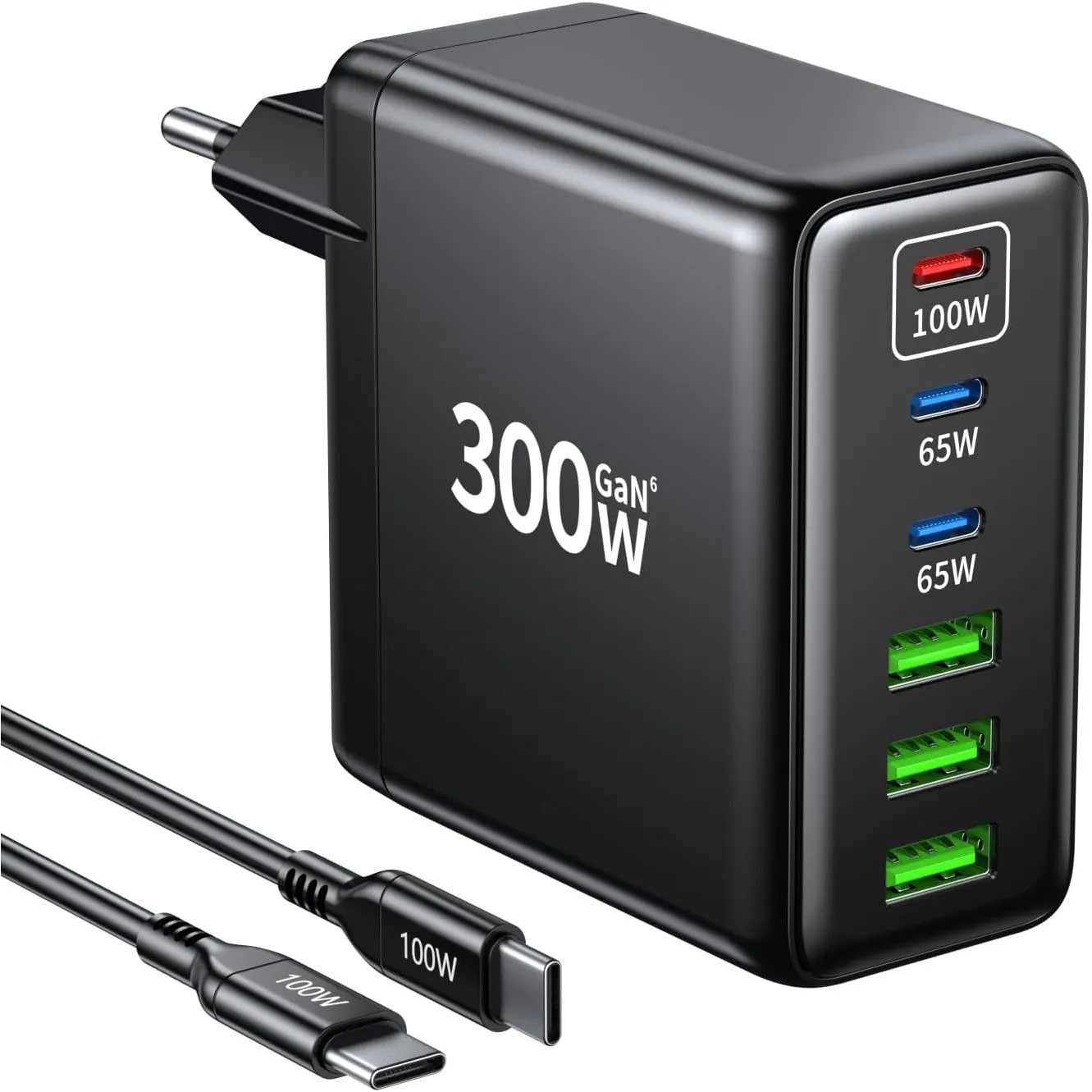 HSSNS 300W USB-C Ladegerät, 6 Port USB Ladegerät Mehrfach Schnellladegerät mit 3 USB-C und 3 USB-A, GaN PD Charger für …