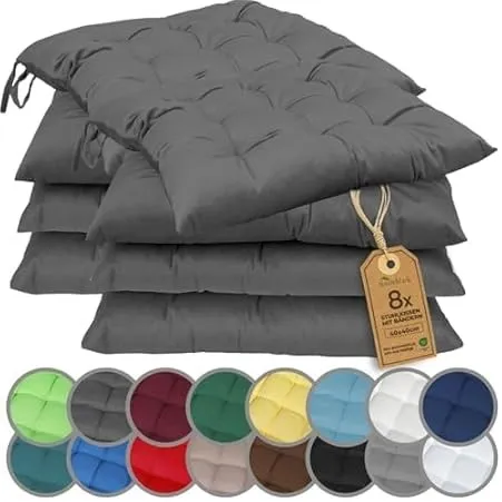 NatureMark 8er Set Stuhlkissen mit Bändern 40x40 cm – Gefüllte Sitzkissen, Outdoor & Indoor – Anthrazit Grau