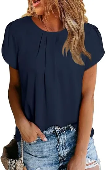 Dokotoo Damen Bluse Kurzarm Falten Tunika Elegant Chiffon Blusenshirt Sommer Rundhals Lose Oberteile Shirts Top S-2XL