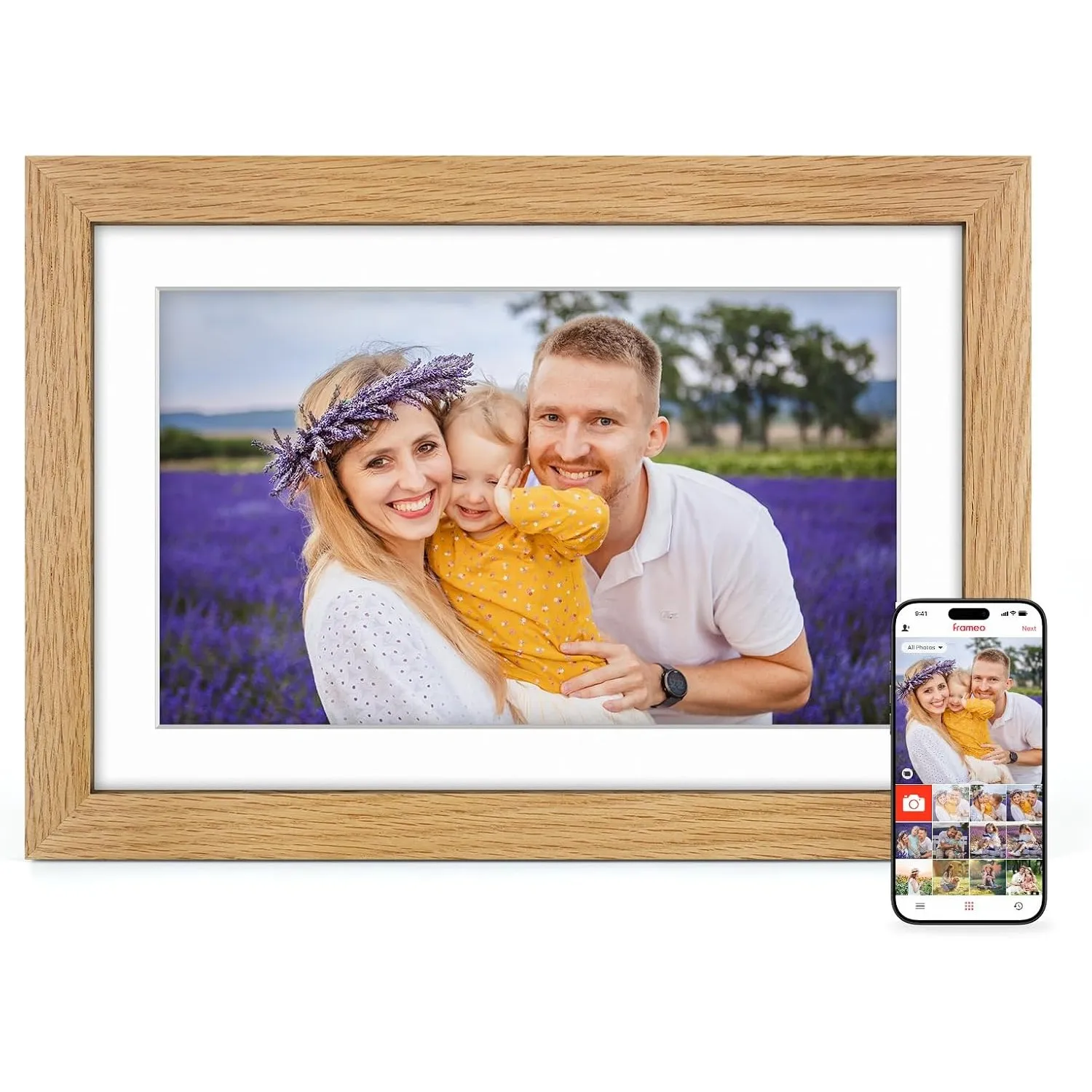 Frameo Digitaler Bilderrahmen Holz WLAN mit 32GB, 10.1 Zoll Elektronischer Bilderrahmen 1280 * 800 IPS Touchscreen, Fot…