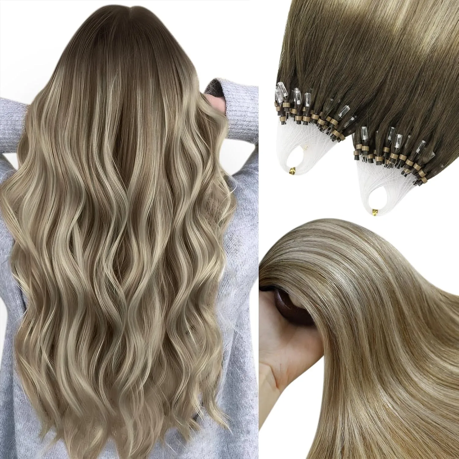 YoungSee Microring Extensions Echthaar 1g Balayage 35cm Microring Hair Extensions Braun Balayage Blond Micro Loop Exten…