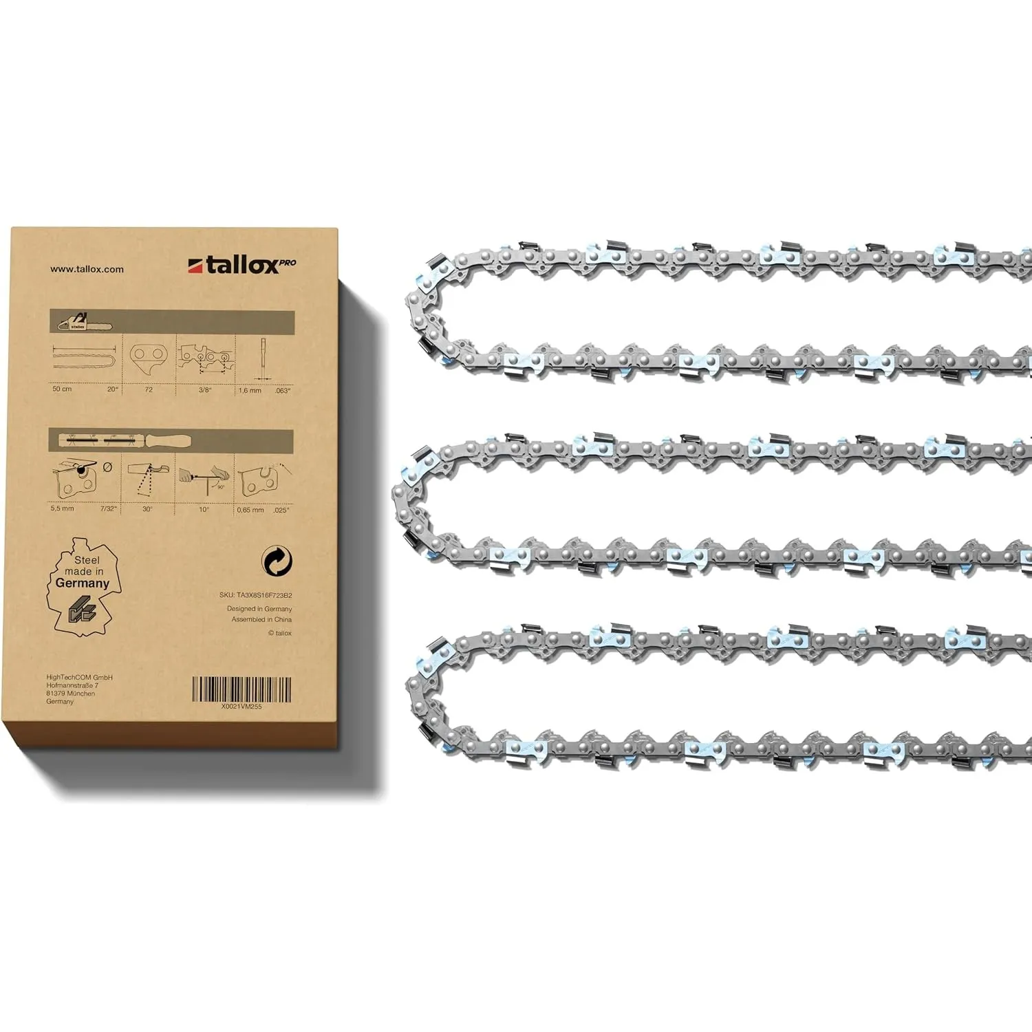 3 tallox professional Sägeketten 3/8" 1,6 mm 72 TG für 50 cm Schwert kompatibel mit Stihl