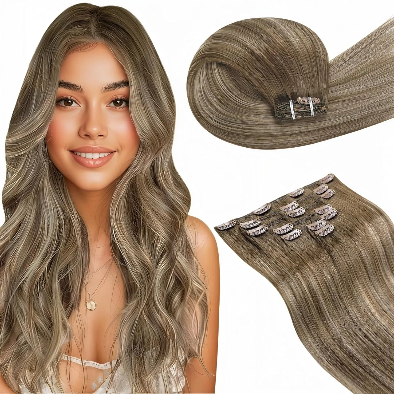 LaaVoo Clip in Extensions Echthaar Braun Balayage Echthaar Extensions Clip Doppelt Tressen Hellbraun Ombre Goldene Blon…