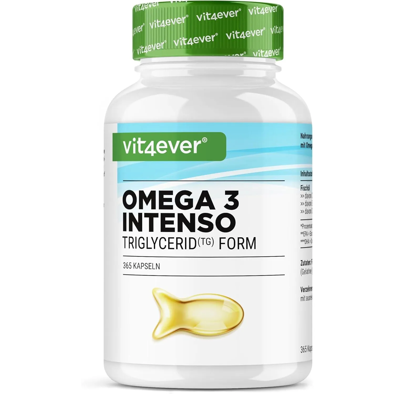 vit4ever Premium Omega 3-365 Kapseln - 80% Omega-3-Fettsäuren - EPA & DHA | 1000 mg Fischöl, 400 mg EPA & 300 mg DHA, T…