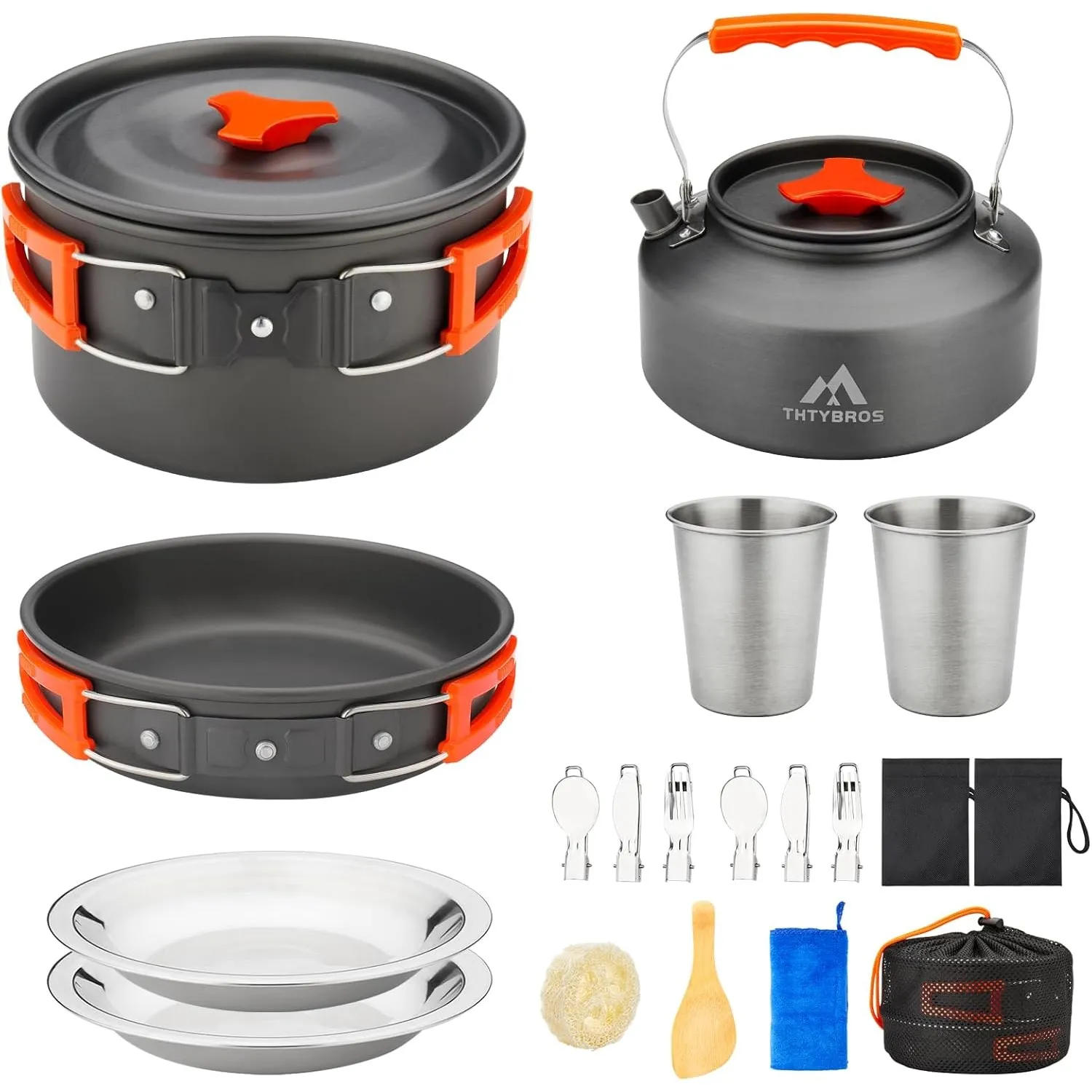 THTYBROS 17-teiliges Camping-Kochgeschirr-Set, hart eloxiertes Aluminium-Topf-Pfanne-Kessel mit 2 Edelstahl-Tassen, Tel…