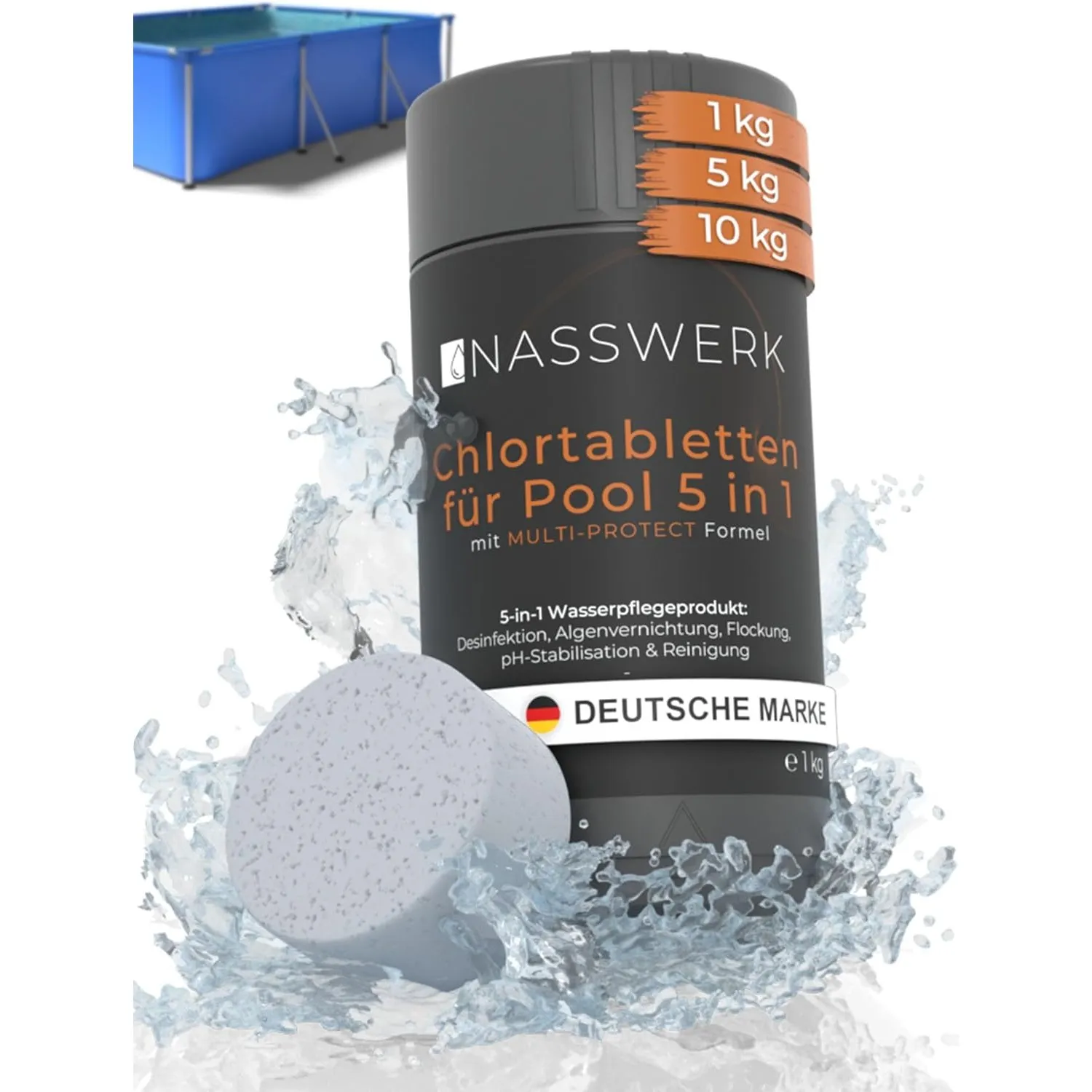 NASSWERK® Multitabs Pool 5 in 1 (1kg) | 200g Chlortabletten für Pool | Chlortabletten für Pool 5 in 1 mit Chlor, Algizi…
