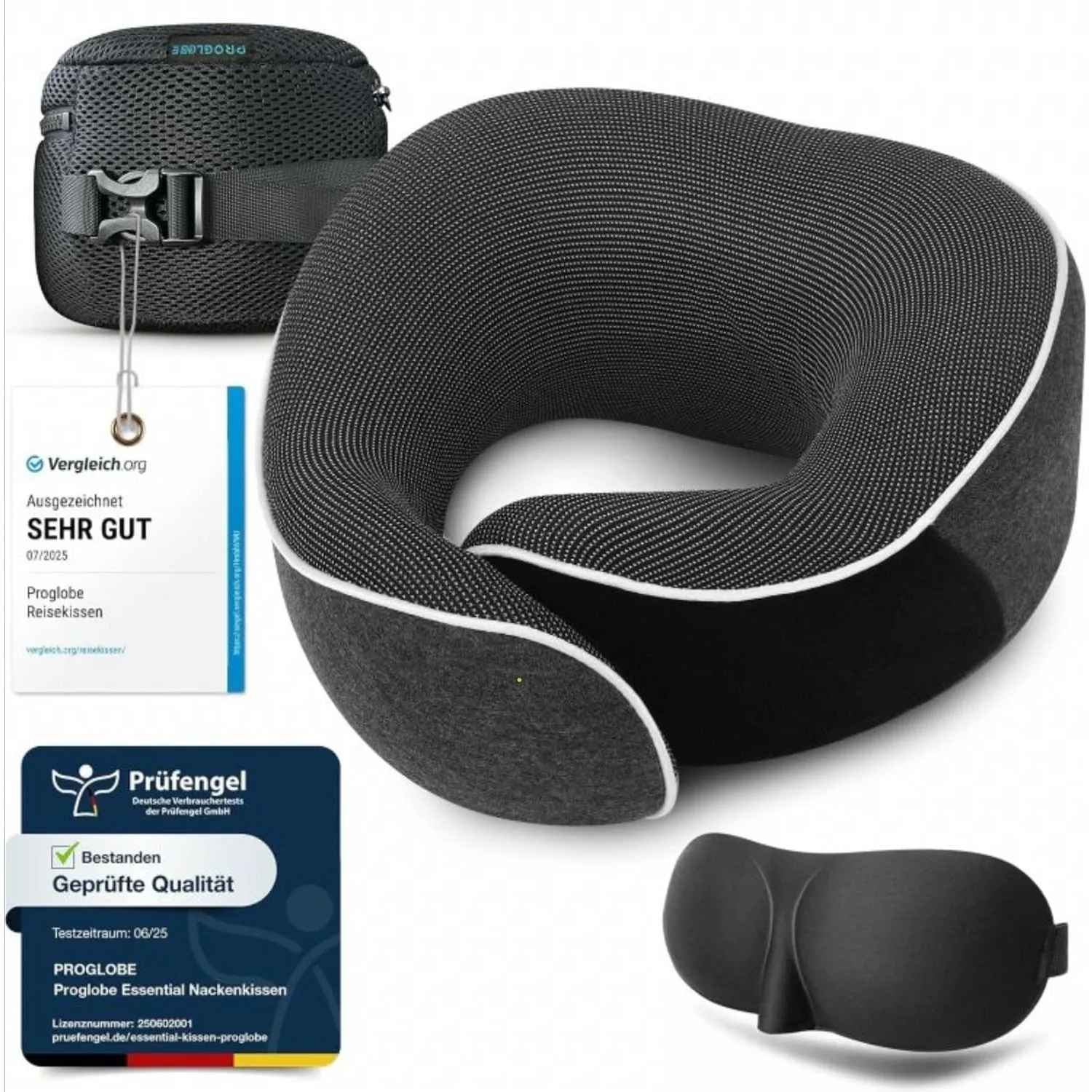 Proglobe Nackenkissen für Reisen, Memory Foam, Langstrecken, Dunkelgrau