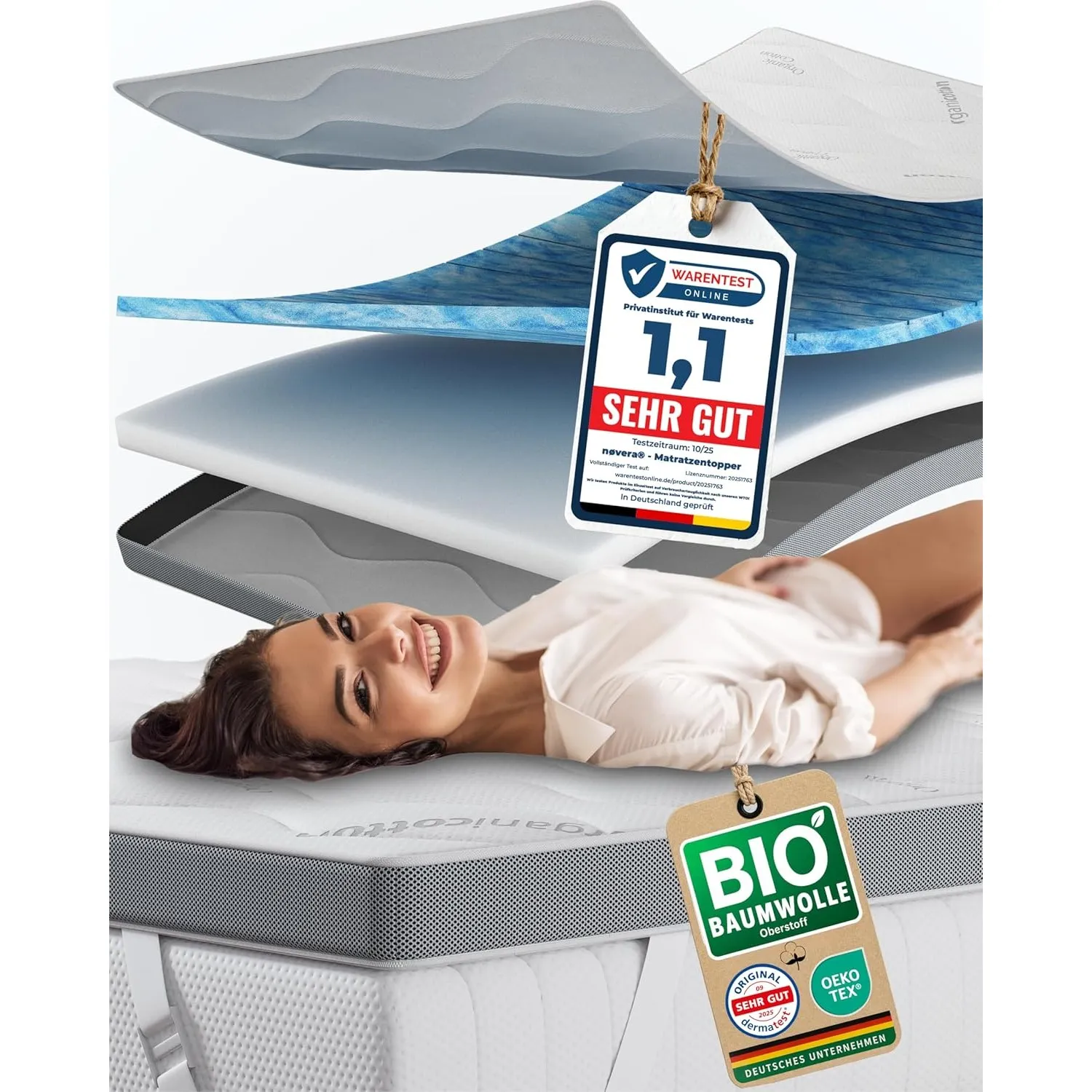 Premium Gel Topper 140x200cm | H3/H4 | Oberstoff aus 100% Bio-Baumwolle | wolkenweicher 7-Zonen Matratzentopper 140x200…