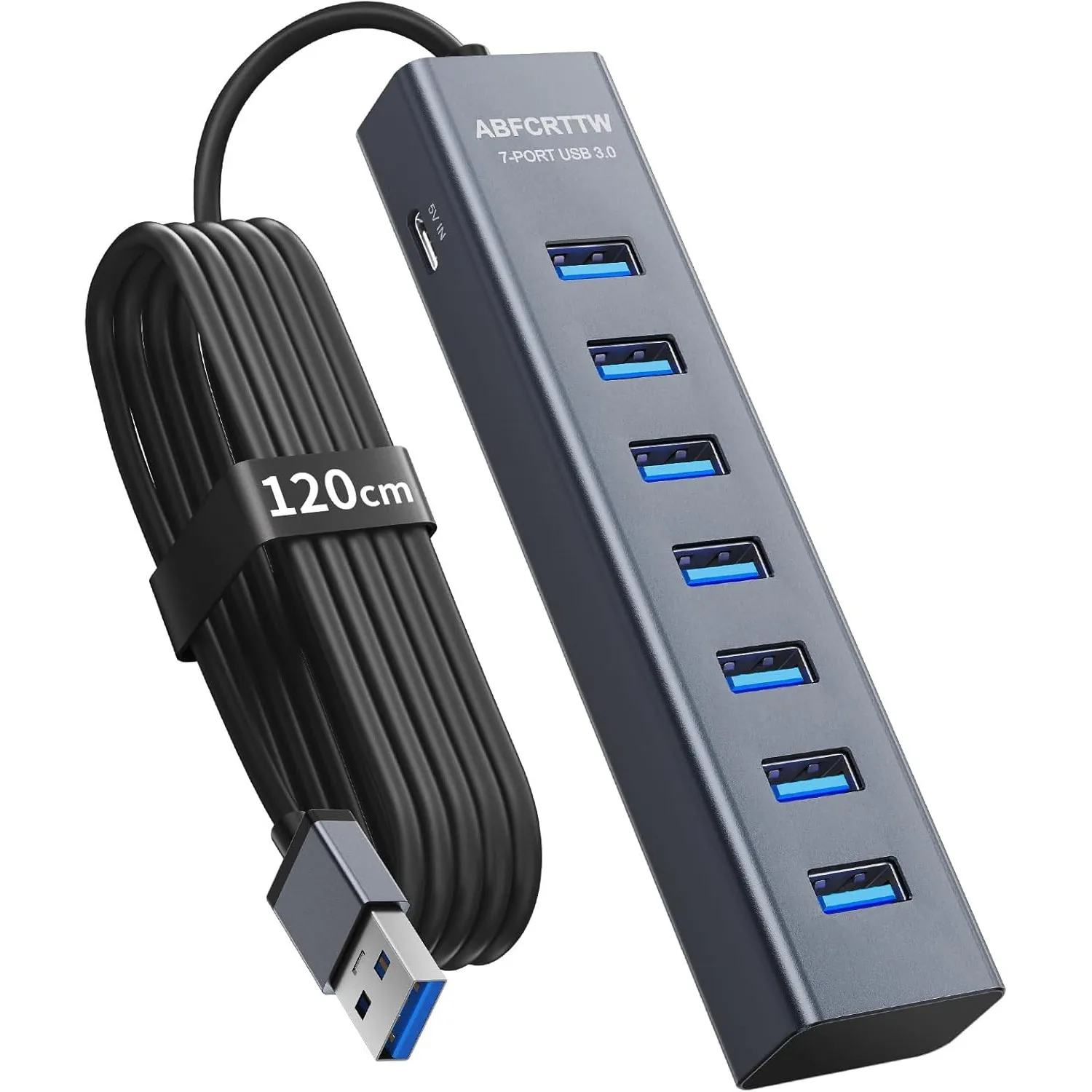 7-Port USB Hub 3.0 mit 120cm Kabel für Desktop, Aluminium USB Verteiler 5Gbps Multiport Adapter Splitter mit 5V 3A Type…