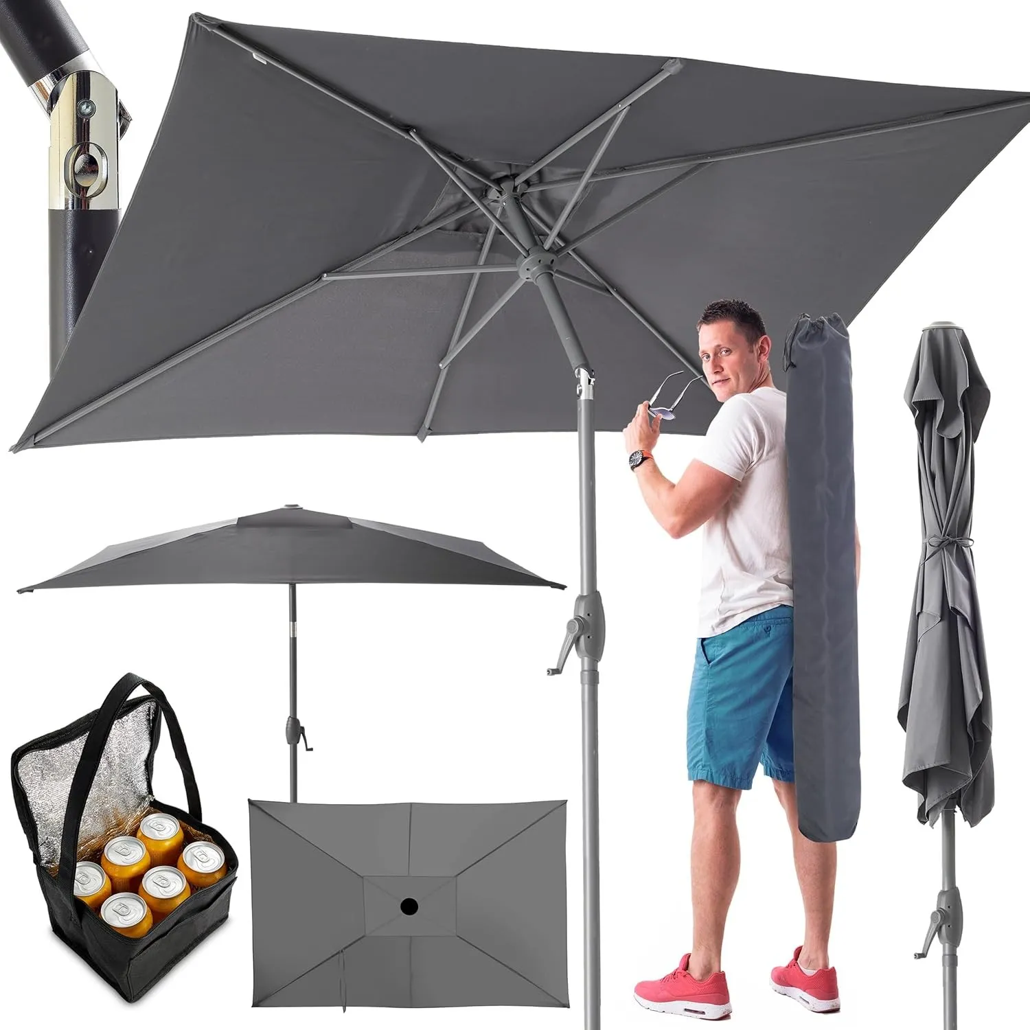 TOM rechteckiger Sonnenschirm mit Schutzhülle und Kurbel für Balkon, Garten & Terrasse – großer 140 x 210 cm Gartenschi…